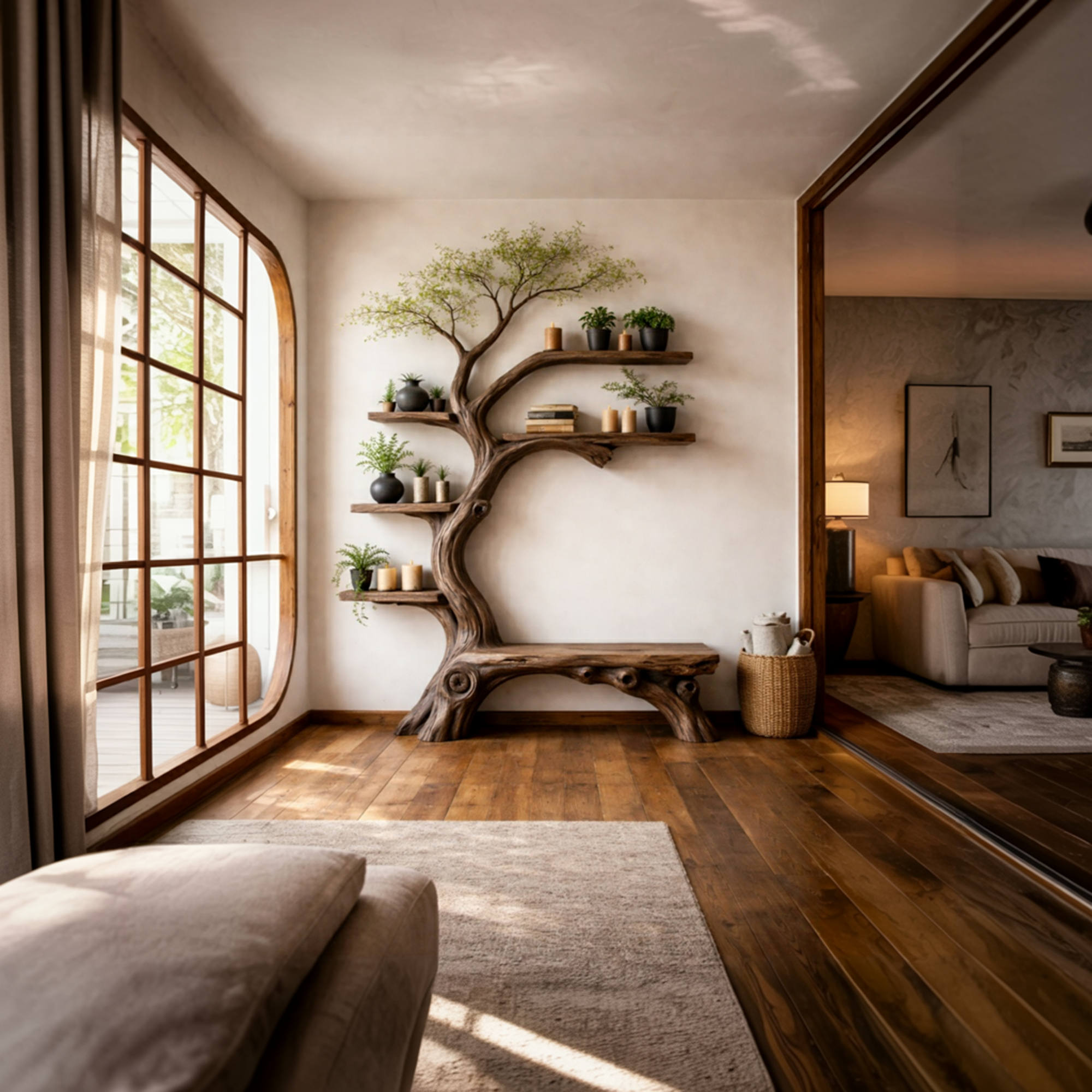 Rustic Artistic Tree Bookshelf Living Room Interior Signature Curved Design SINLKITB650