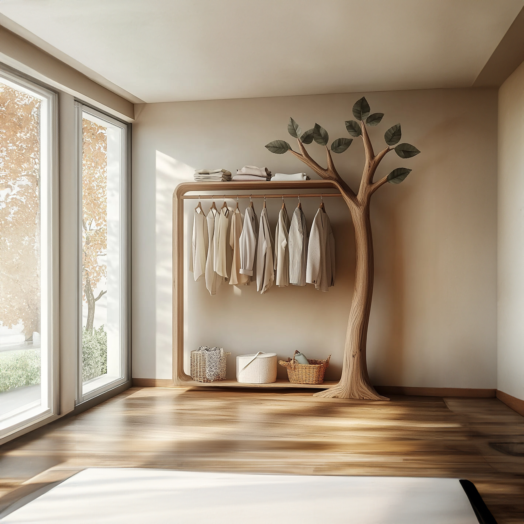 Rustic Tree Wardrobe Rack Solid Wood Bedroom Organizer SINLKITCR054