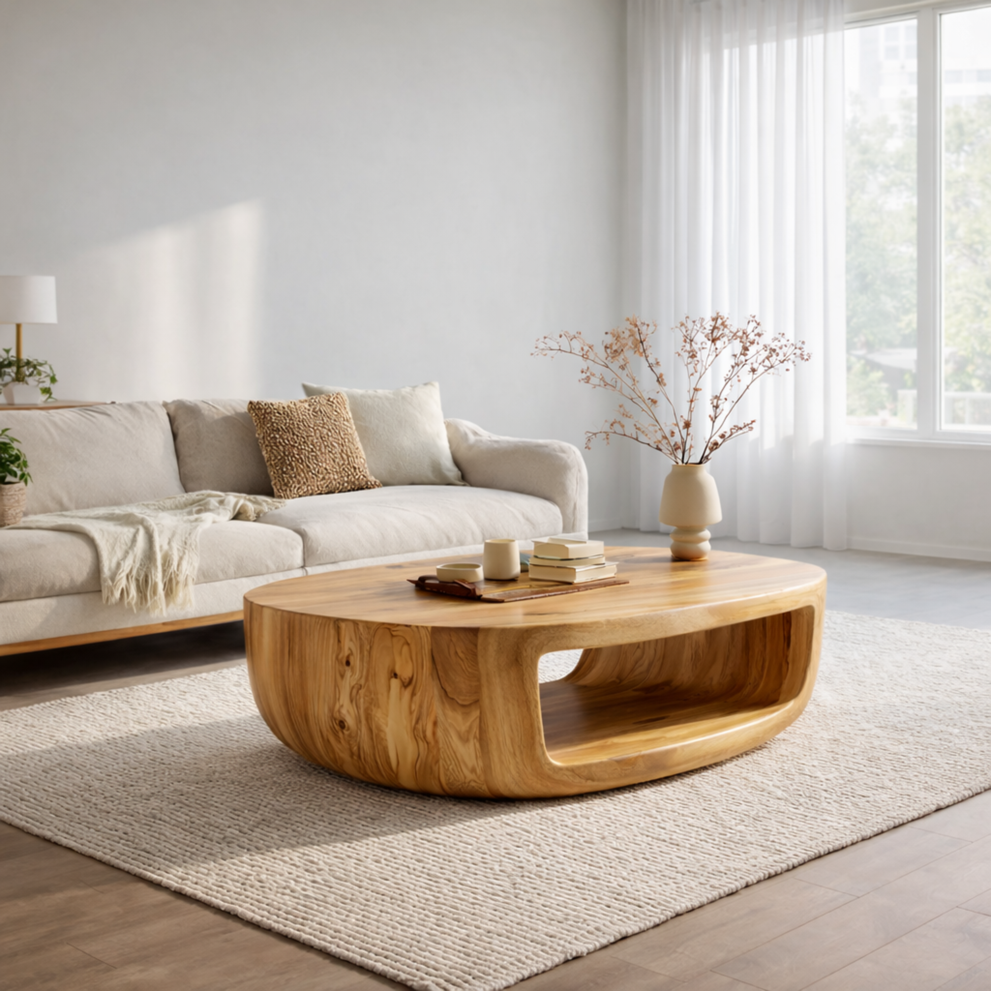 Curved Shell Solid Wood Coffee Table Calm Contemporary Living Room Interior SINLKICF319