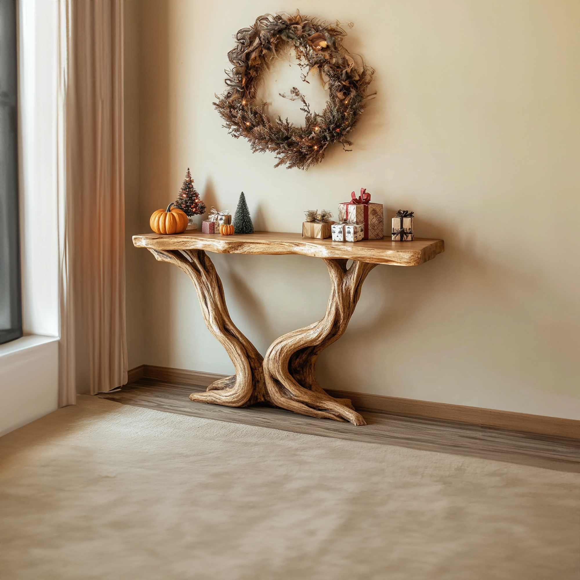 Midcentury Entry Table Organic Carved Legs Cozy Corner SINLKICS325