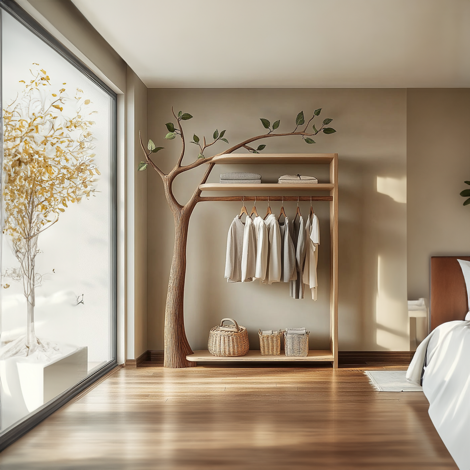 Nature Inspired Wooden Tree Clothing Rack Modern Bedroom SINLKITCR053