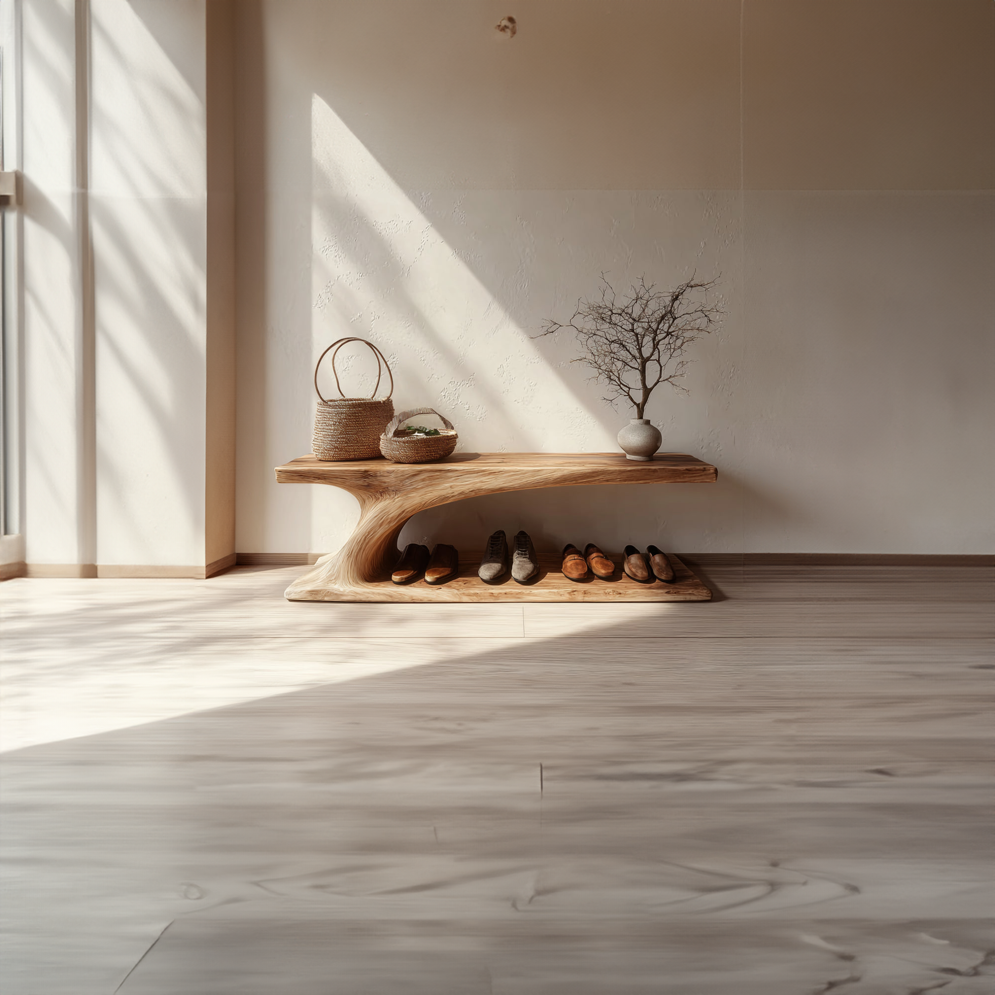 Rustic Organic Form Wooden Shoe Storage Bench Porch SINLKISB058