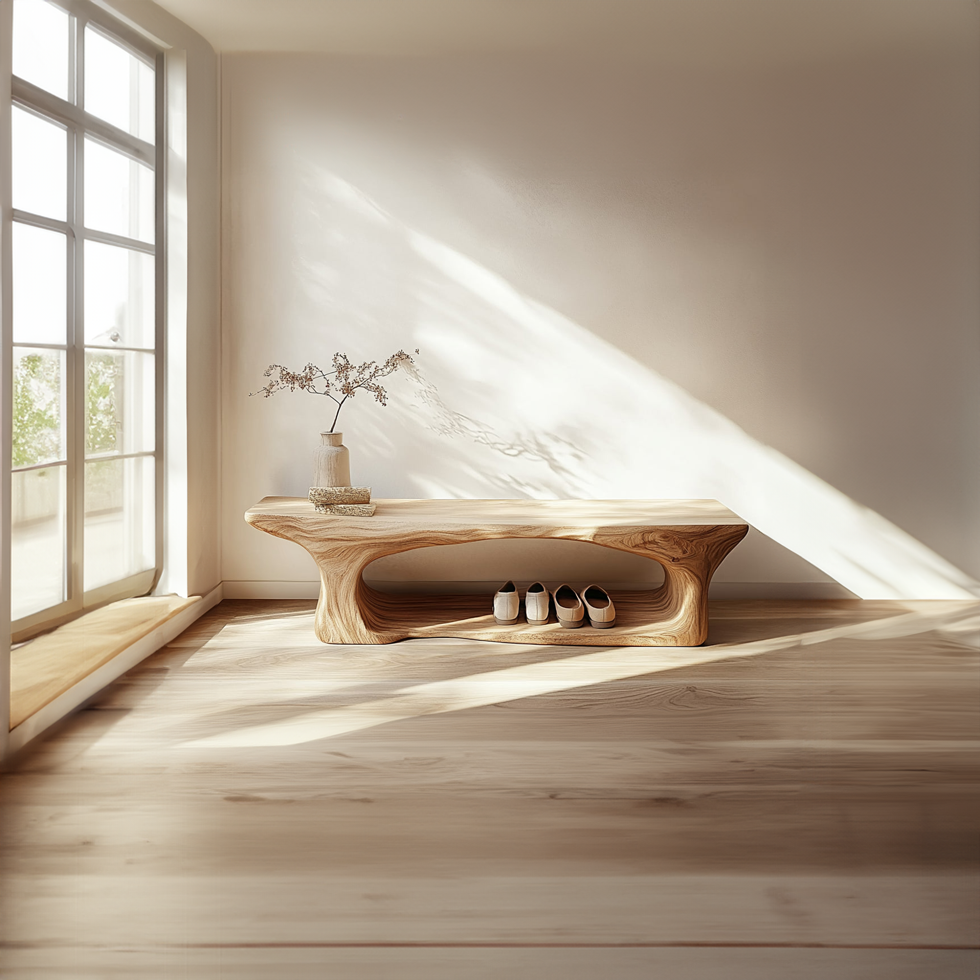 Mid Century Sculptural Wood Shoe Bench Interior SINLKISB057