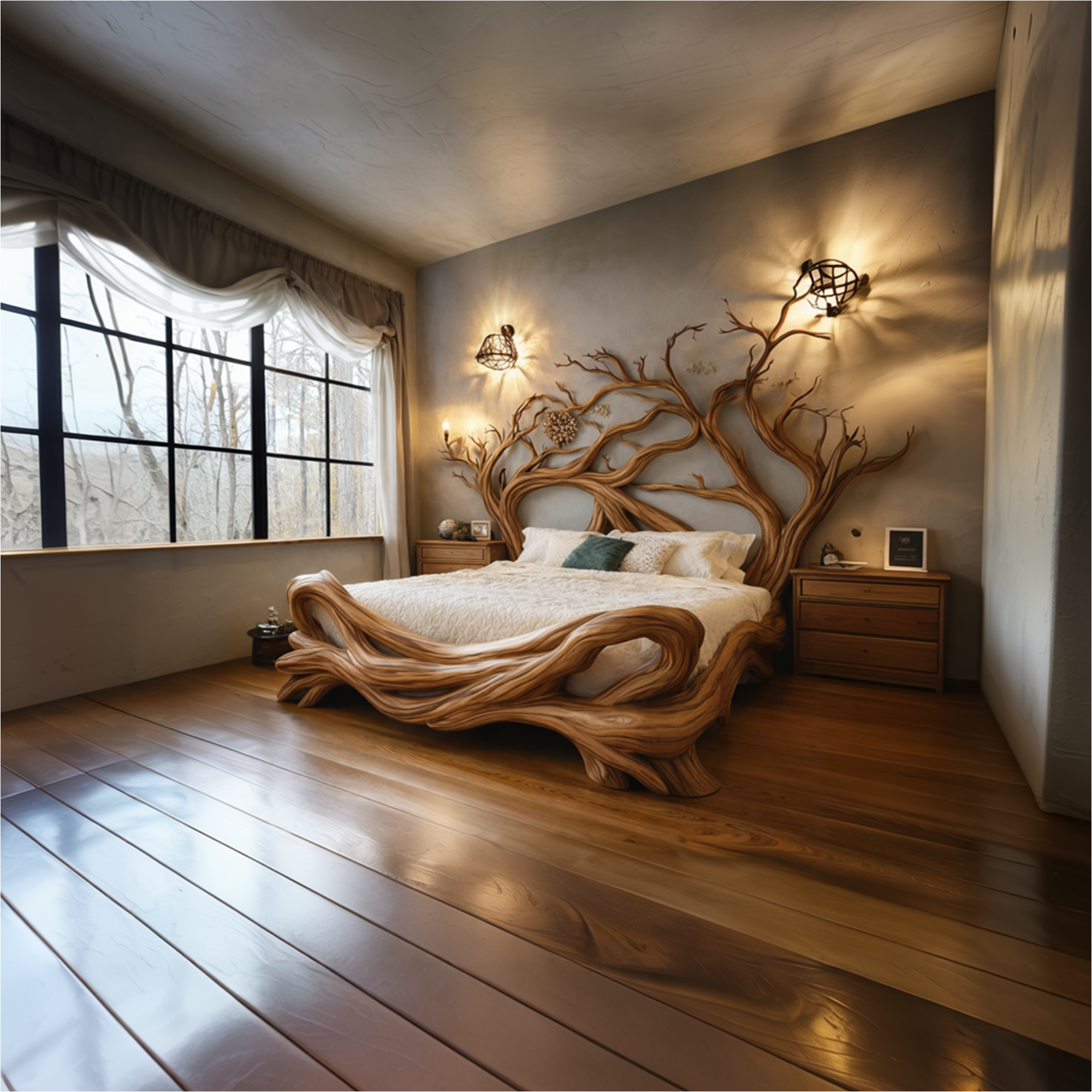 Sculptural Tree Inspired Wooden Shelf Organic Branch Design For Bedroom Interior SINLKIWB089