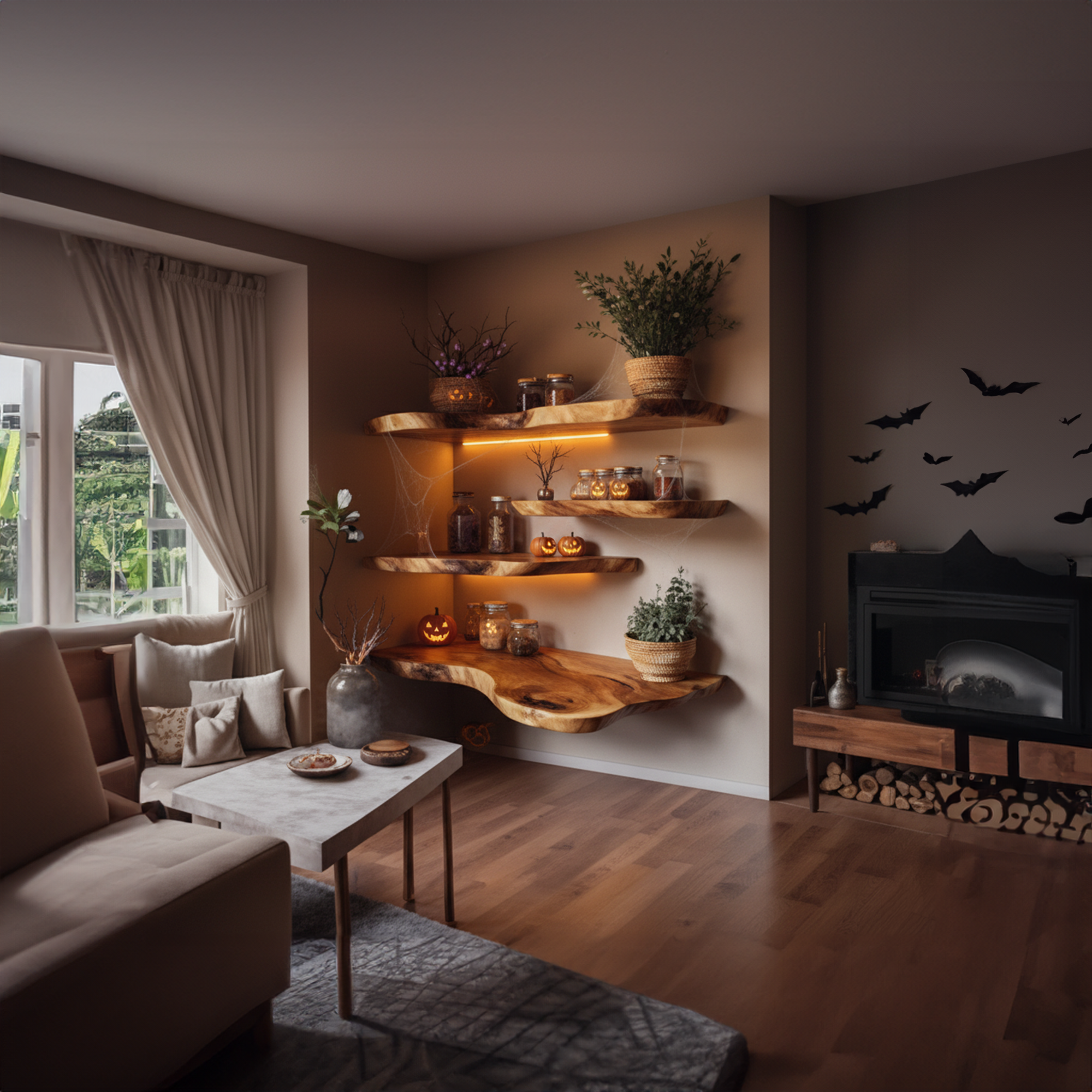 Mid Century Floating Wooden Shelves Halloween Style Living Room SINLKIHW034