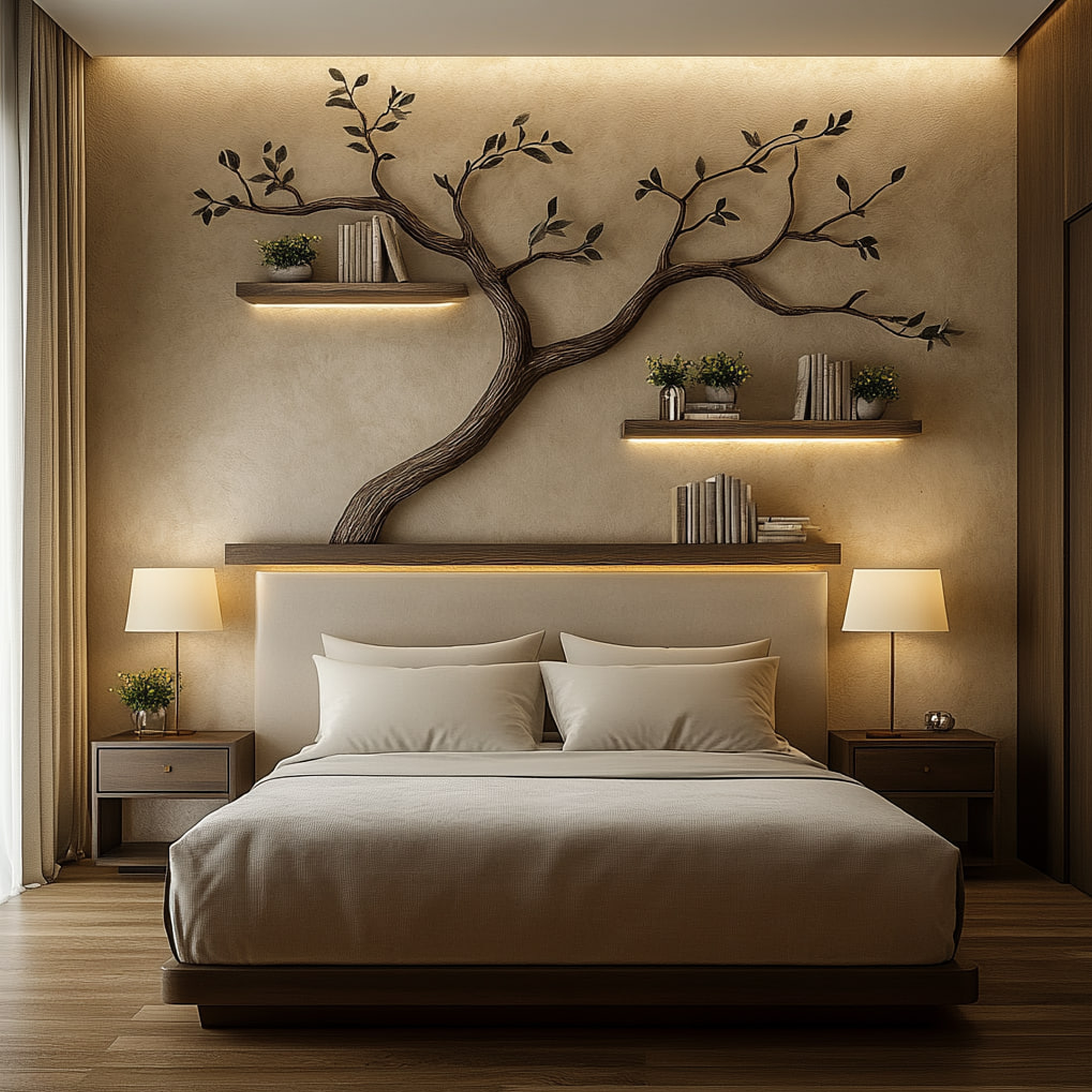 Mid Century Tree Wall Bookshelf Bedroom Headboard SINLKITBS092