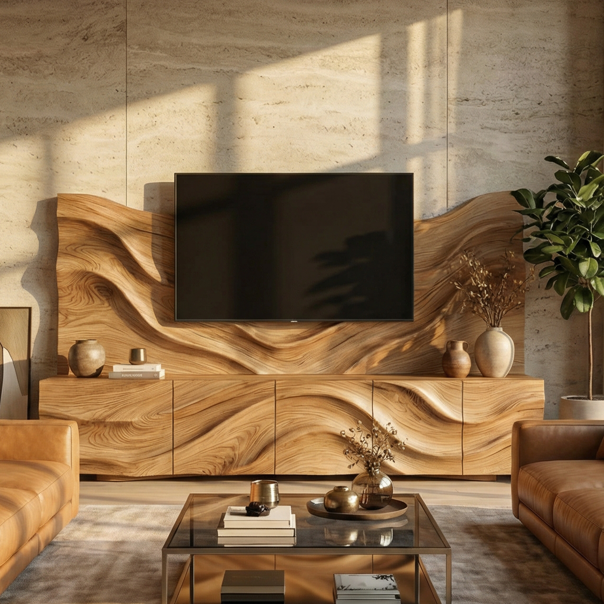 Scandinavian TV Cabinet And Wood Wall Panel Set Living Room Furniture SINLKISC500