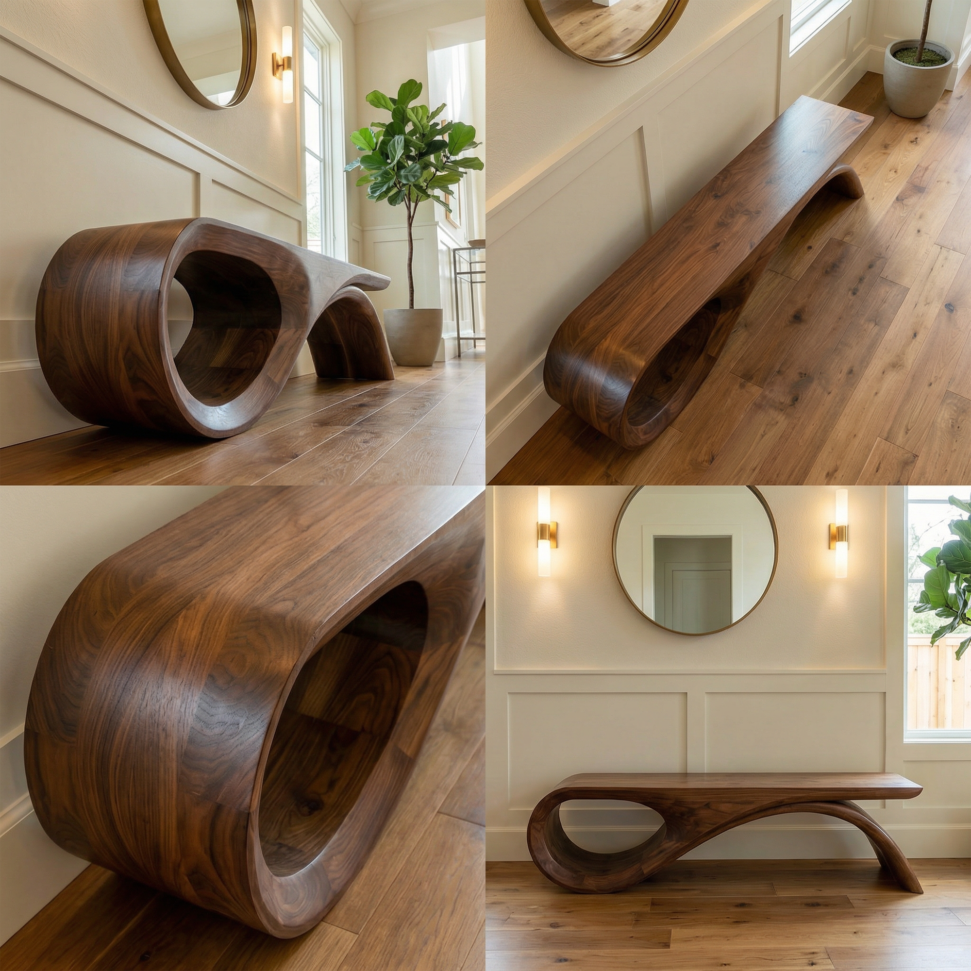 Rustic Solid Wood Bench Loop Curved Base Entryway And Living Room SINLKIRS089