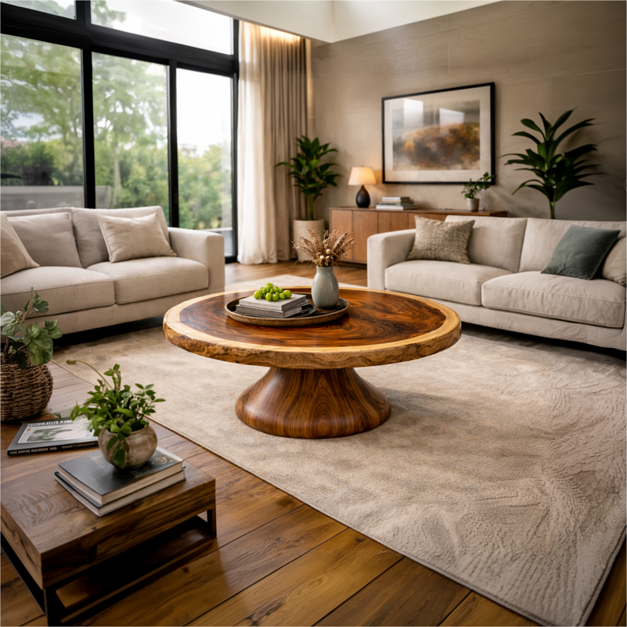 Monumental Pedestal Solid Wood Coffee Table Sculptural Focal Point Sophisticated Living Room Interior SINLKICF291