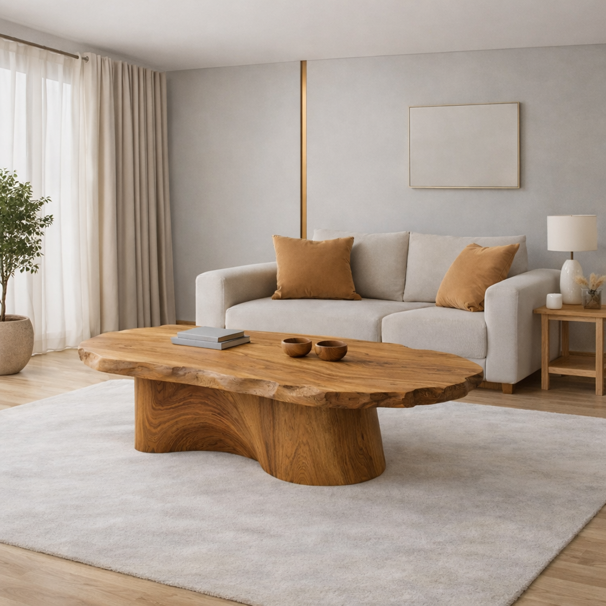 Soft Edge Organic Solid Wood Coffee Table Sculpted Base Serene Modern Living Room Interior SINLKICF295