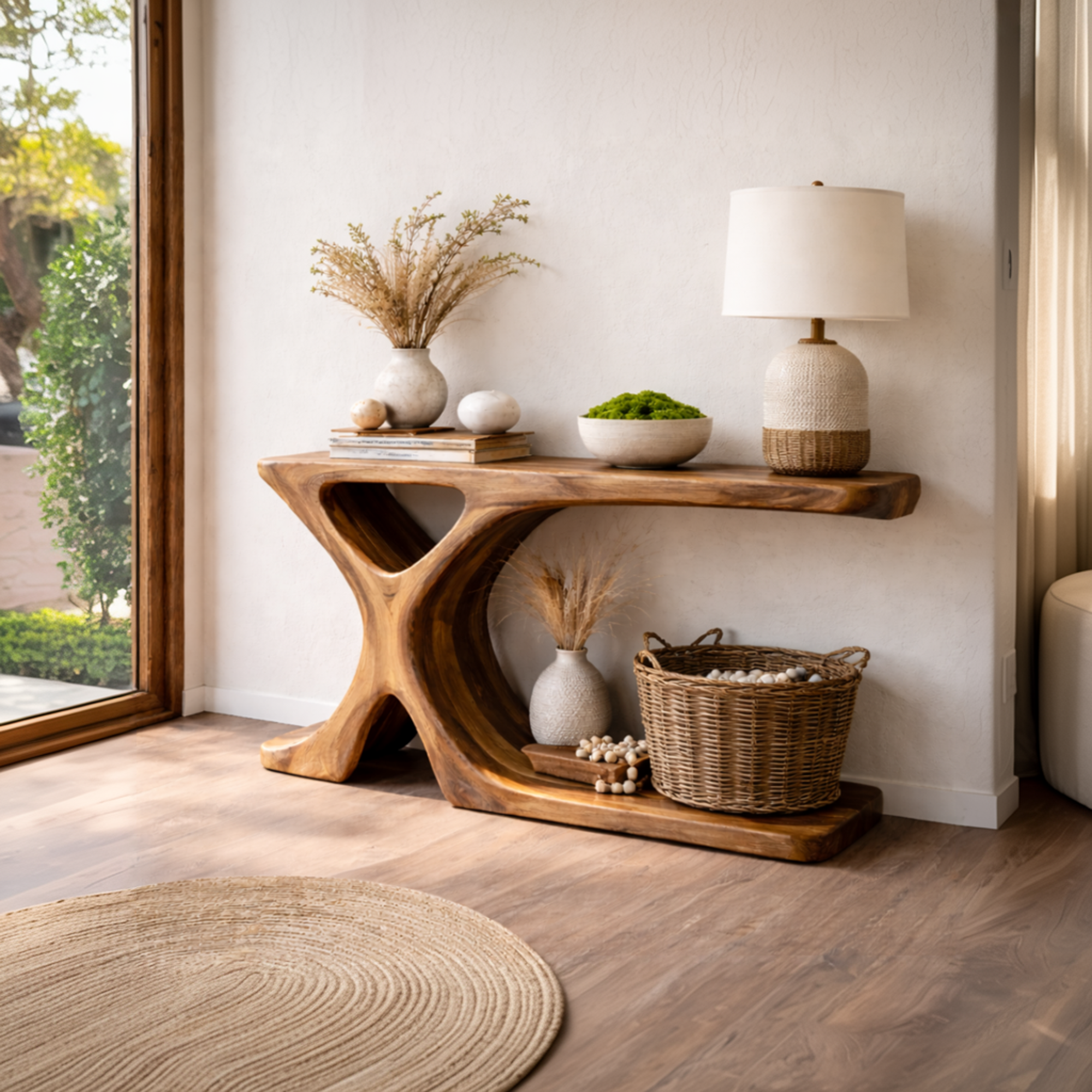 Handcrafted Organic Wood Console Table Tree Form Base For Hallway Decor SINLKICS456