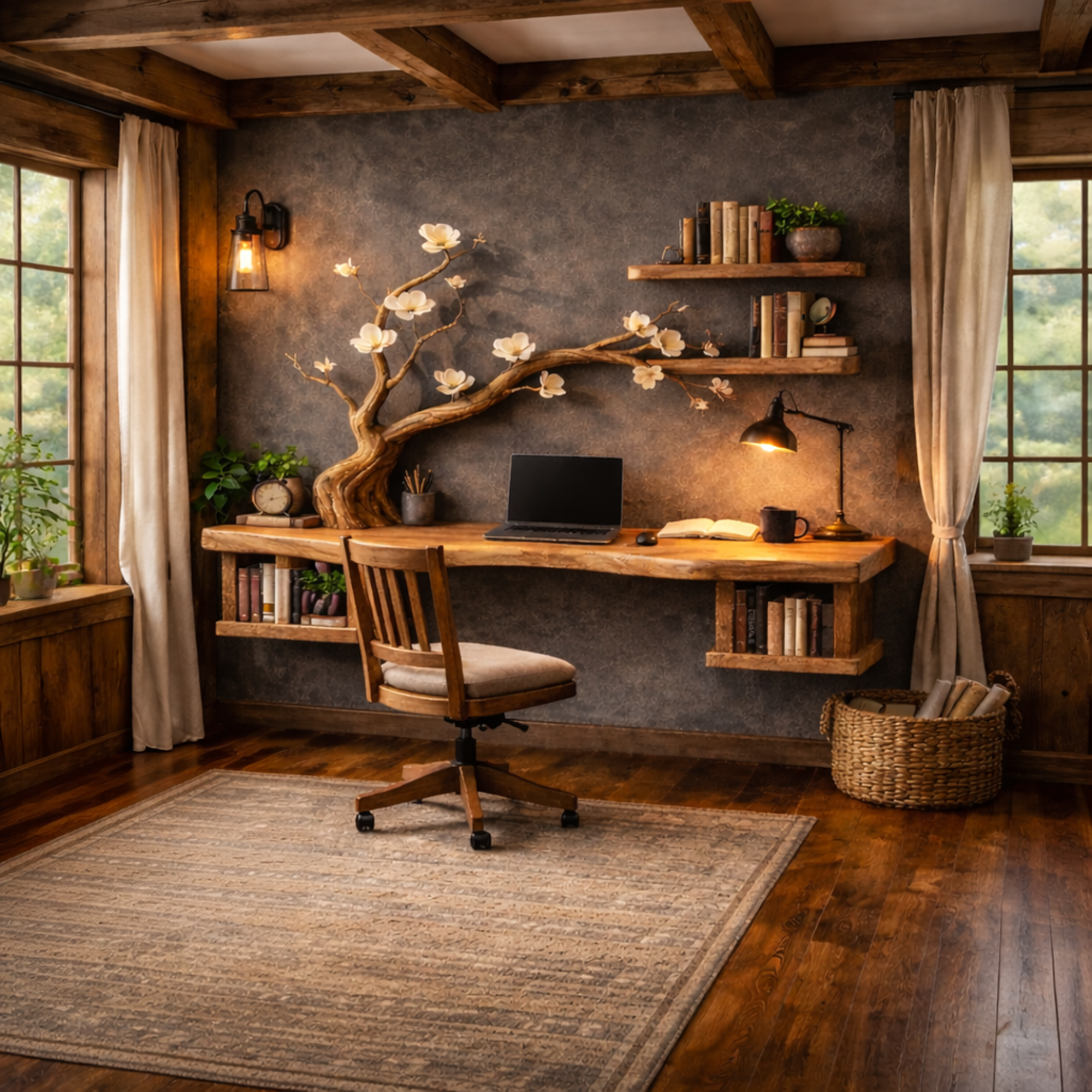 Organic Sculptural Floating Desk With Tree Branch Art For Home Office SINLKIDK087