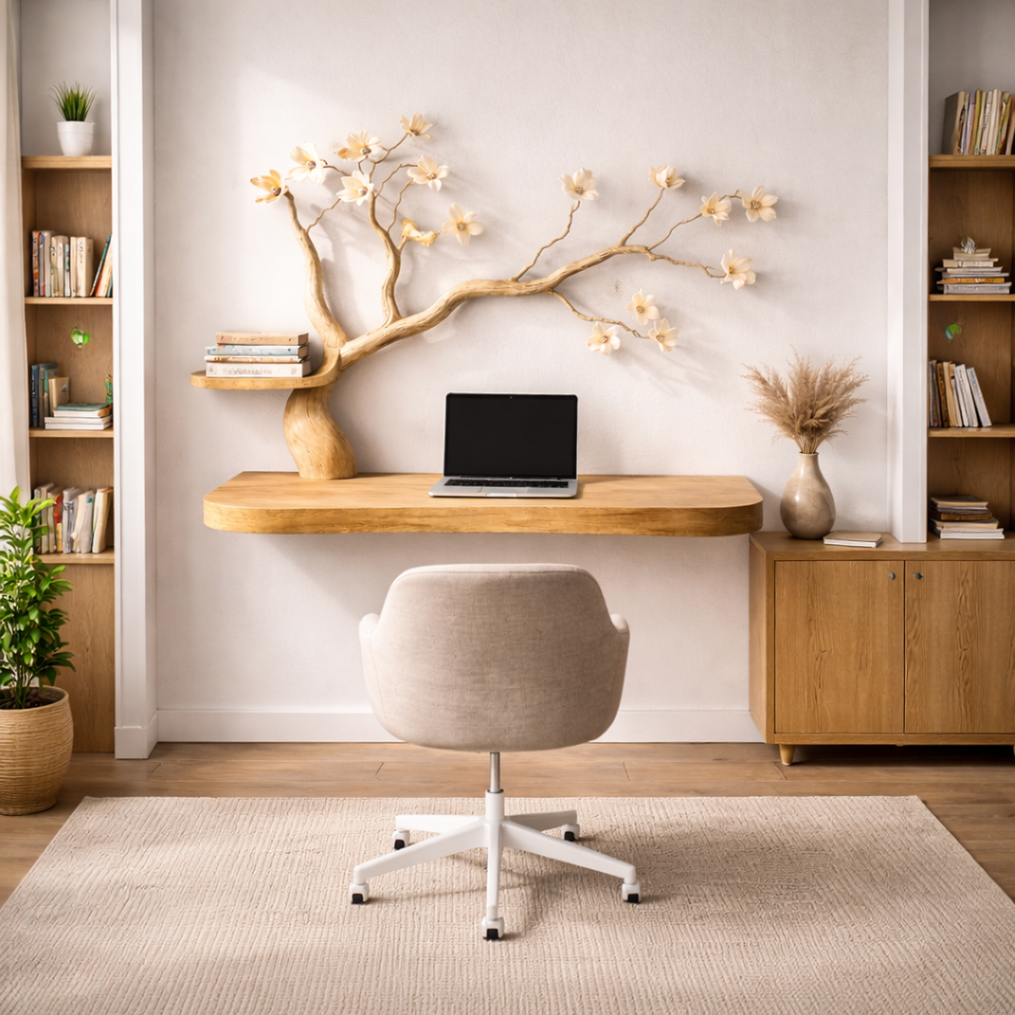 Organic Artistic Floating Desk With Floral Tree Sculpture For Home Office SINLKIDK089