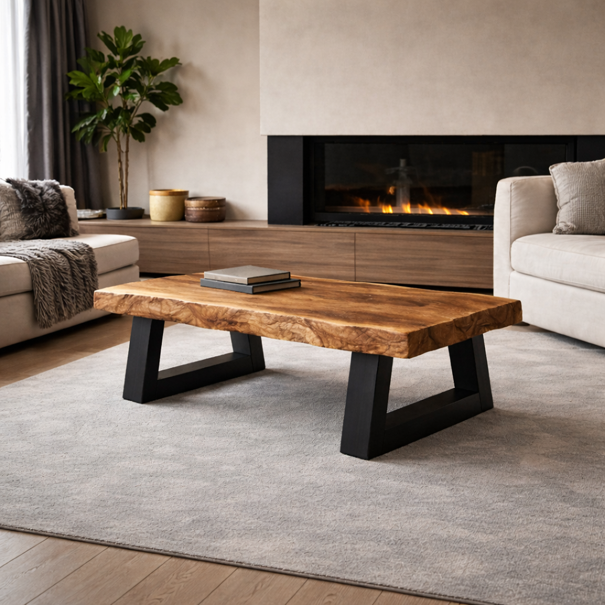 Industrial Live Edge Solid Wood Coffee Table Bold Contrast Black Base Modern Living Room Interior SINLKICF294