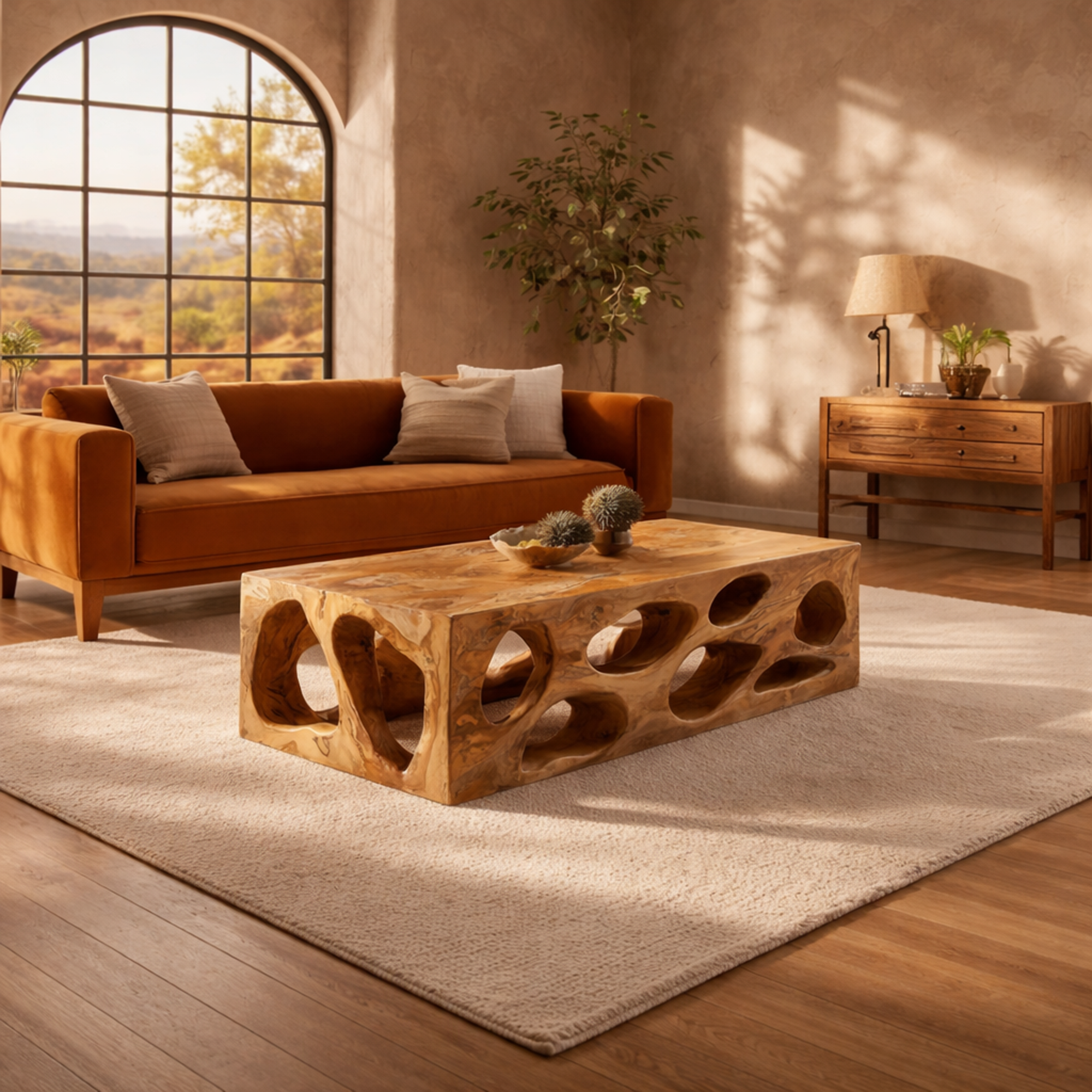 Organic Hollow Carved Solid Wood Coffee Table Sculptural Statement Warm Living Room Interior SINLKICF300