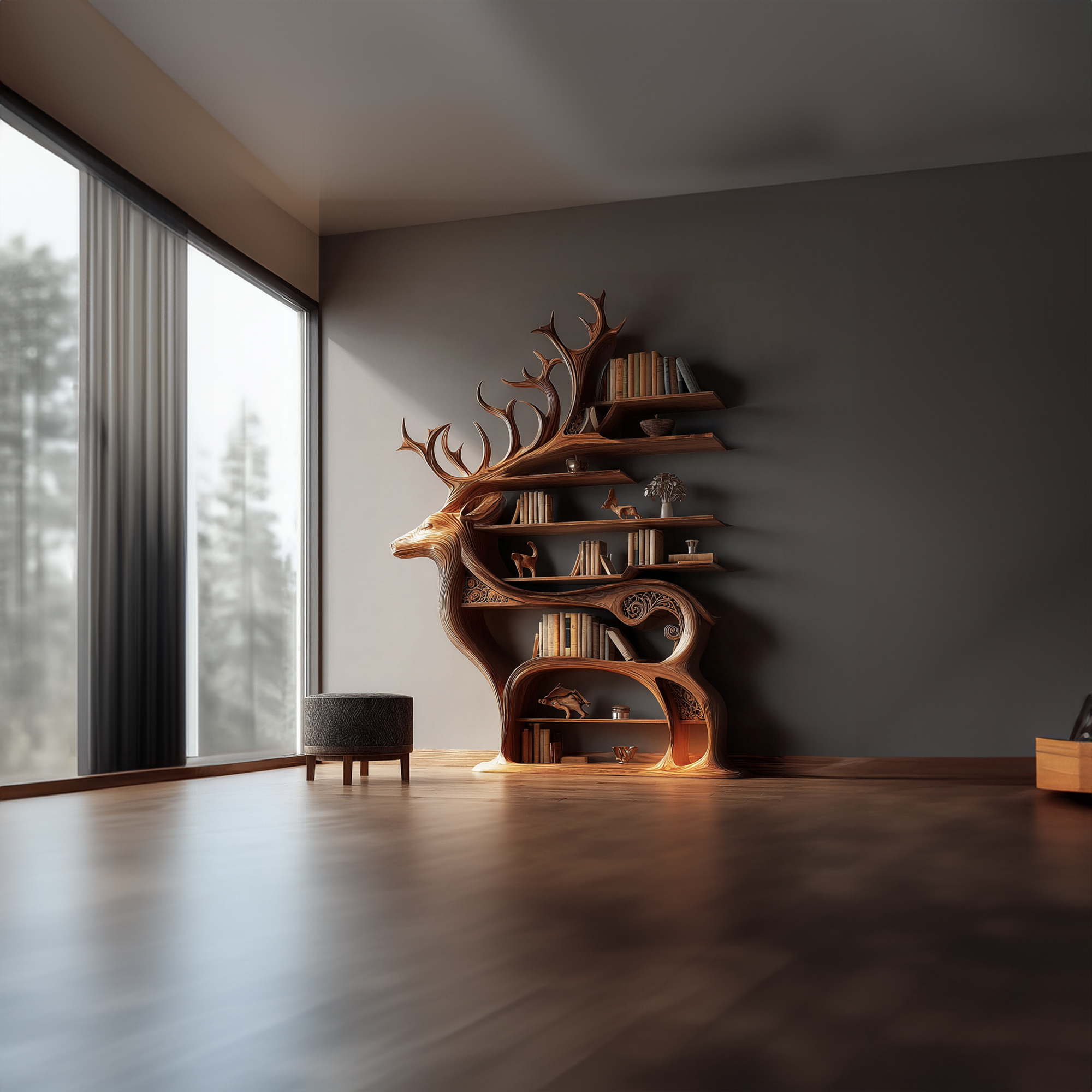 Rustic Wooden Bookshelf Console Deer Design Living Room SINLKISC099