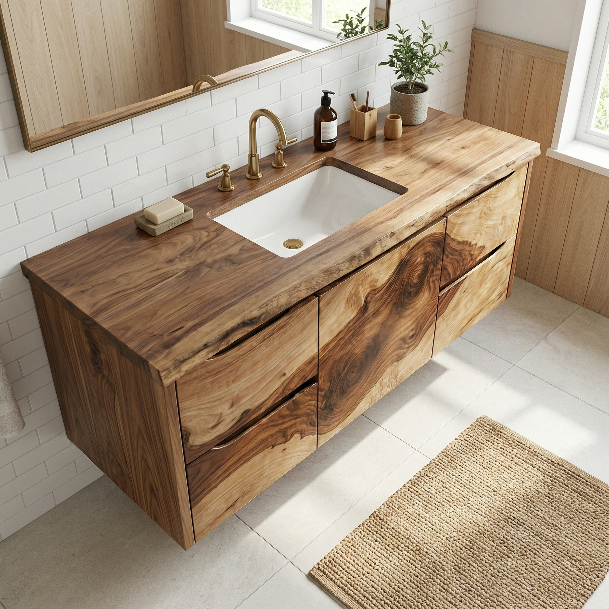 Modern Floating Solid Wood Bathroom Vanity Natural Slab Storage Cabinet SINLKIBRV271