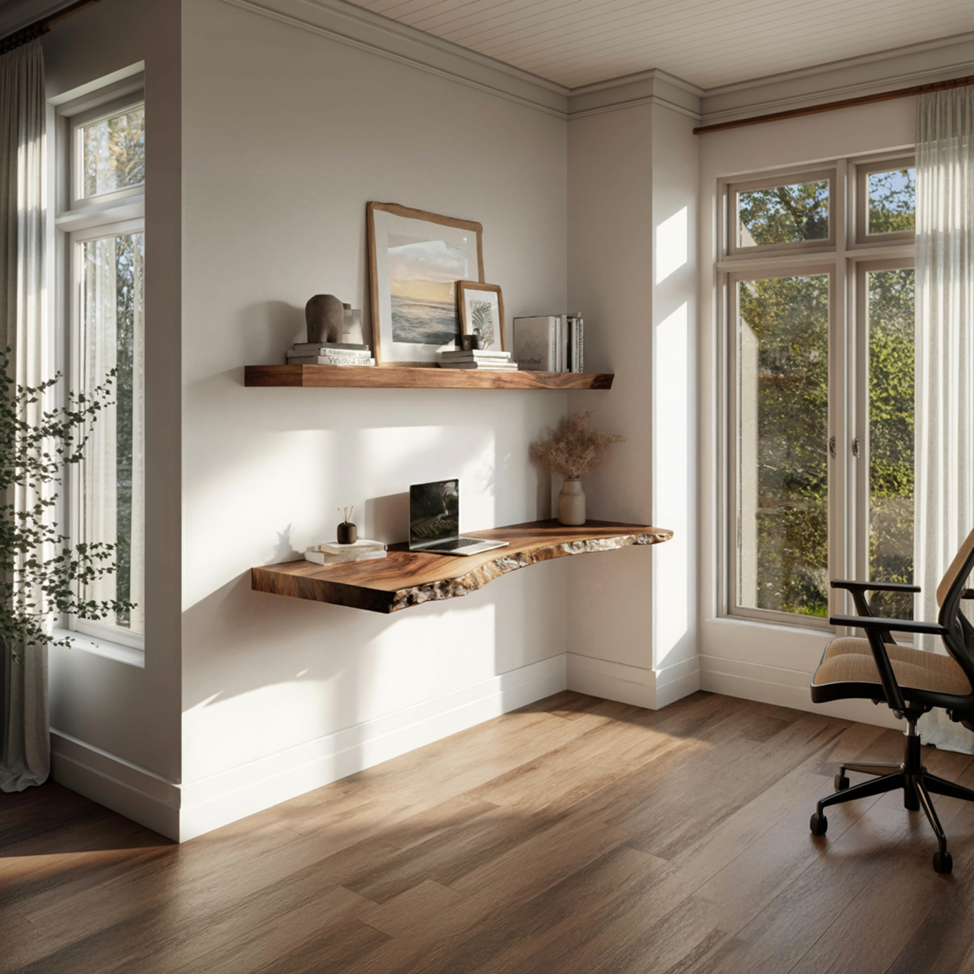 Live Edge Solid Wood Floating Desk Window Side Workspace Interior SINLKIFL385