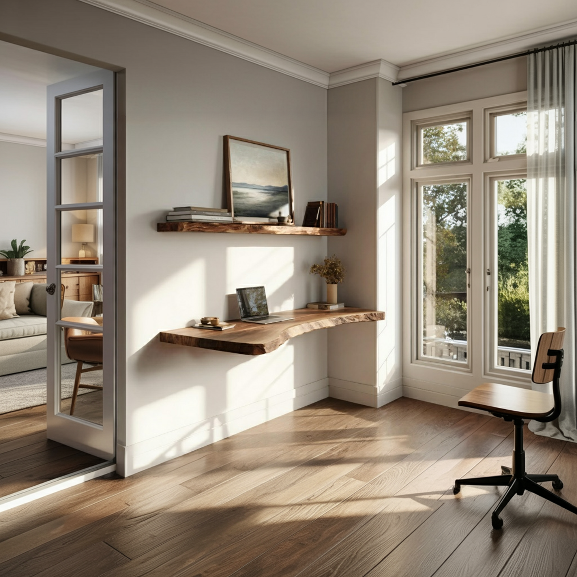 Minimal Solid Wood Wall Desk Natural Light Home Office Interior SINLKIFL386