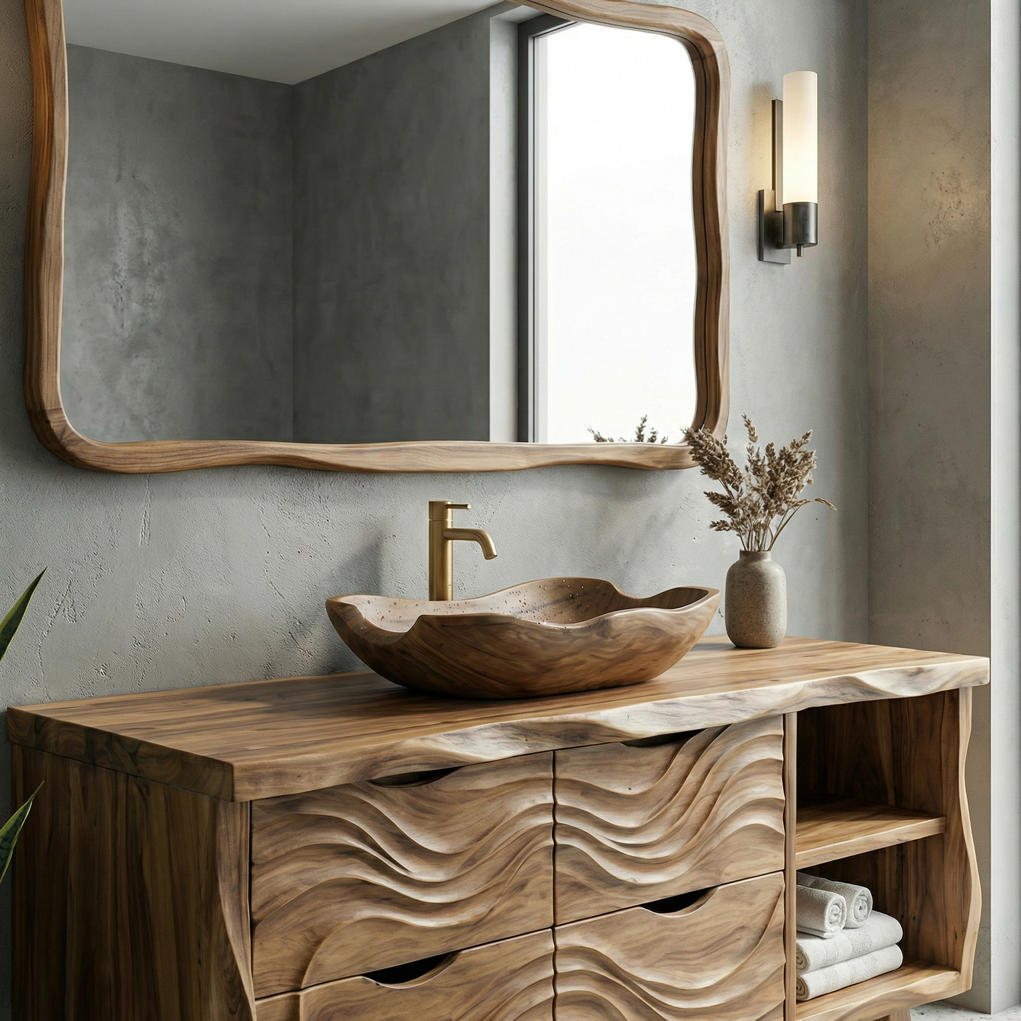 Organic Rustic Solid Wood Bathroom Vanity Wave Carved Storage Cabinet SINLKIBRV277