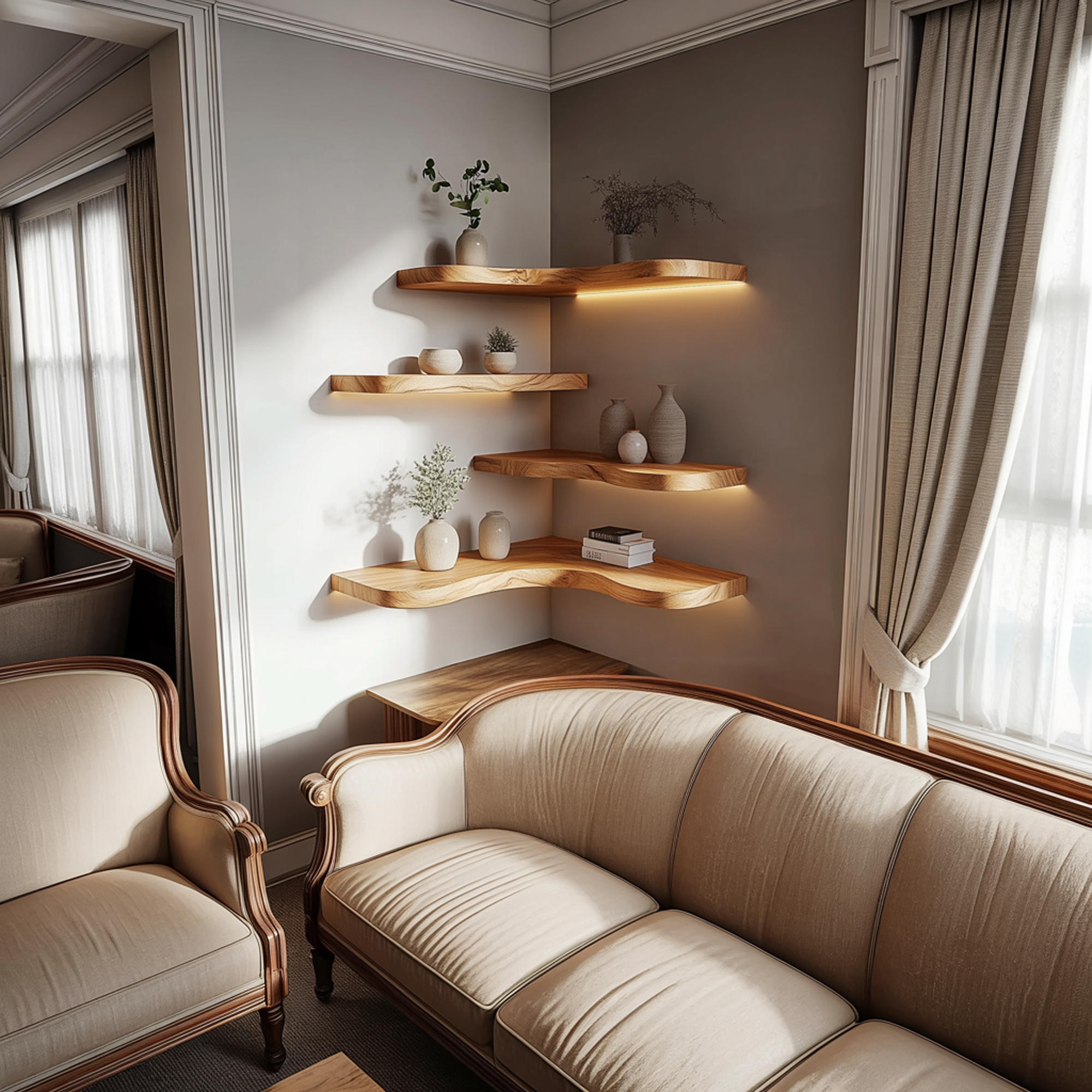 Corner Solid Wood Floating Shelves Organic Layered Wall Display Interior Decor SINLKIFL391