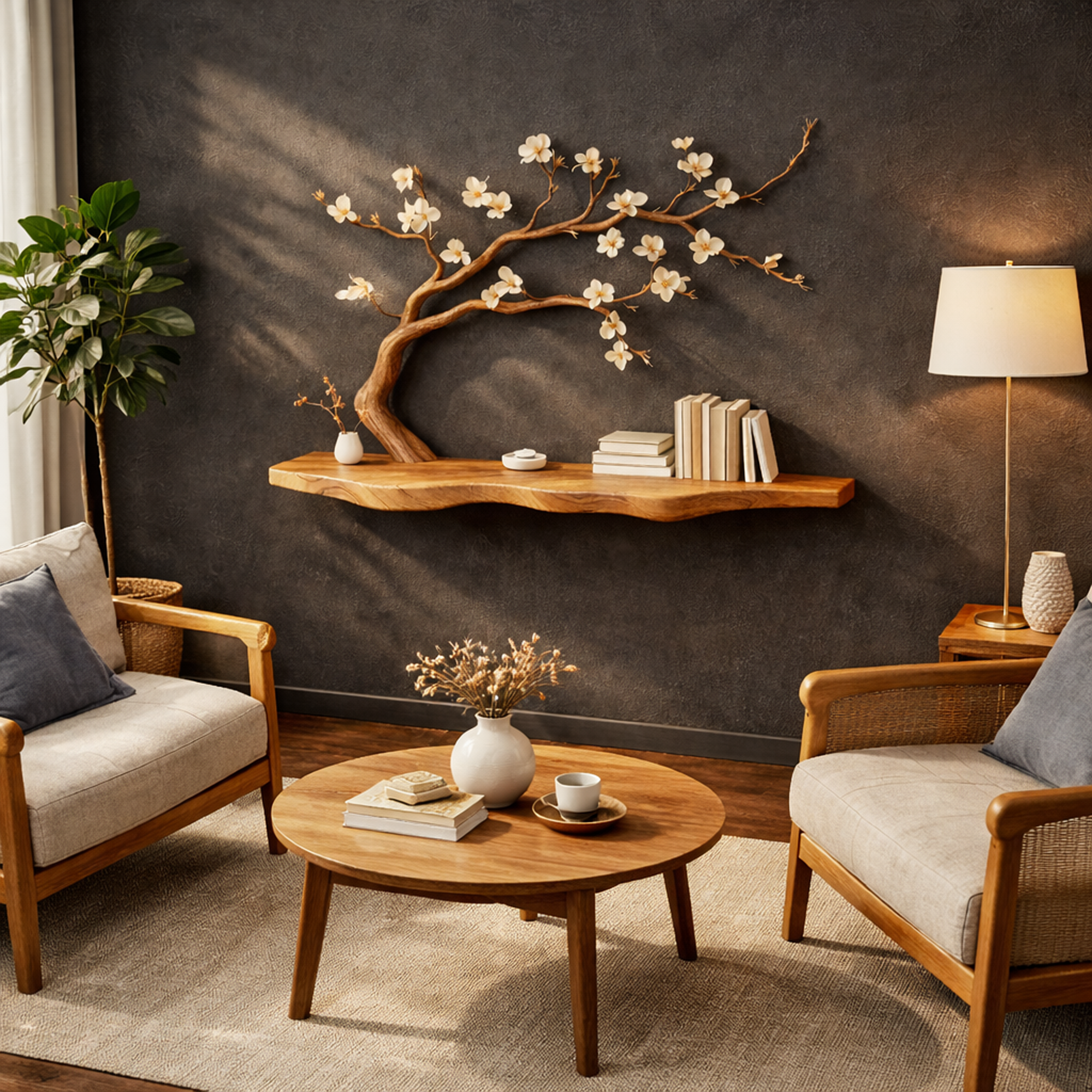 Rustic Tree Shelf Natural Wood Wall Decor For Spa Bathroom SINLKIFL258