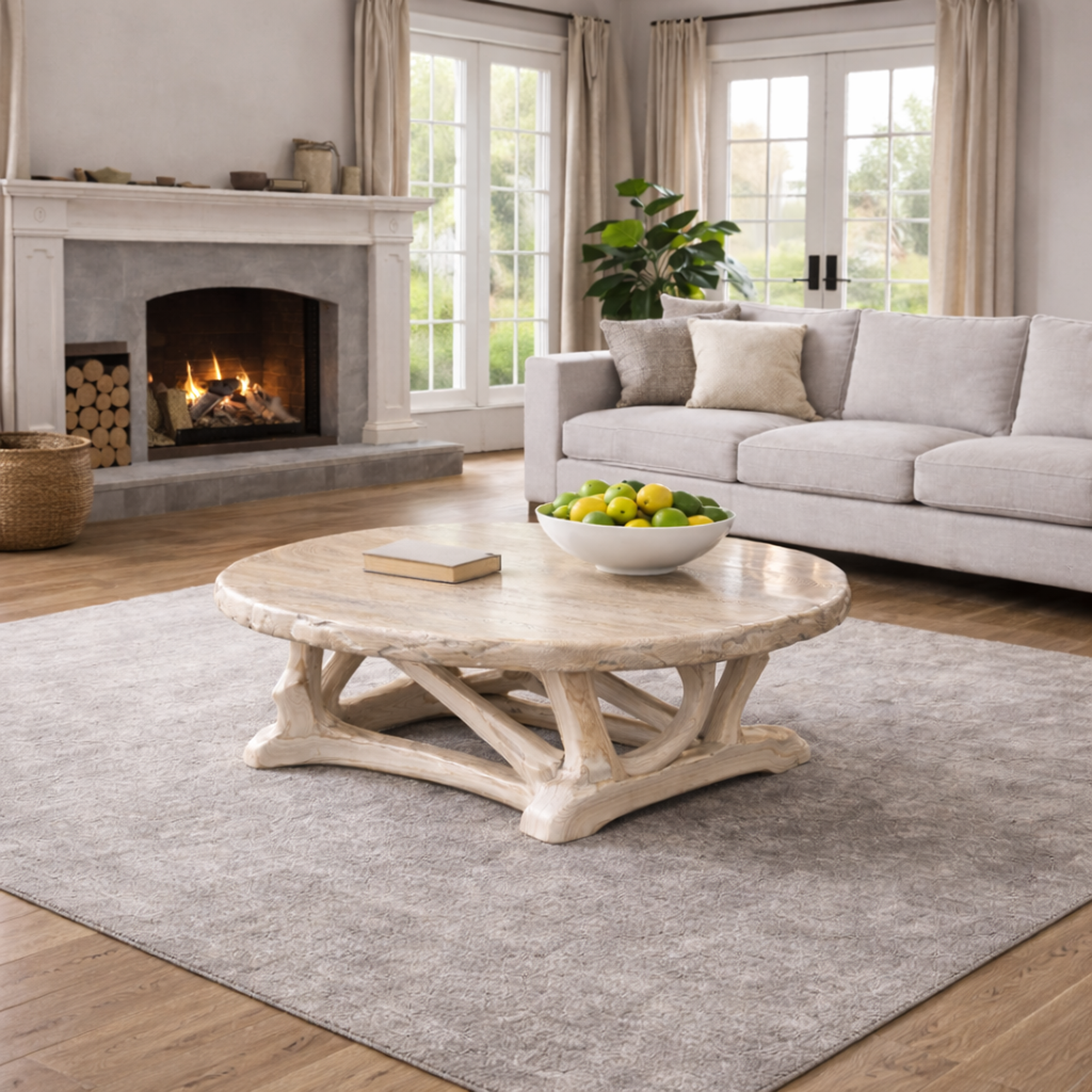 Handcrafted Driftwood Style Round Coffee Table Sculptural Coastal Living Room Interior SINLKICF293