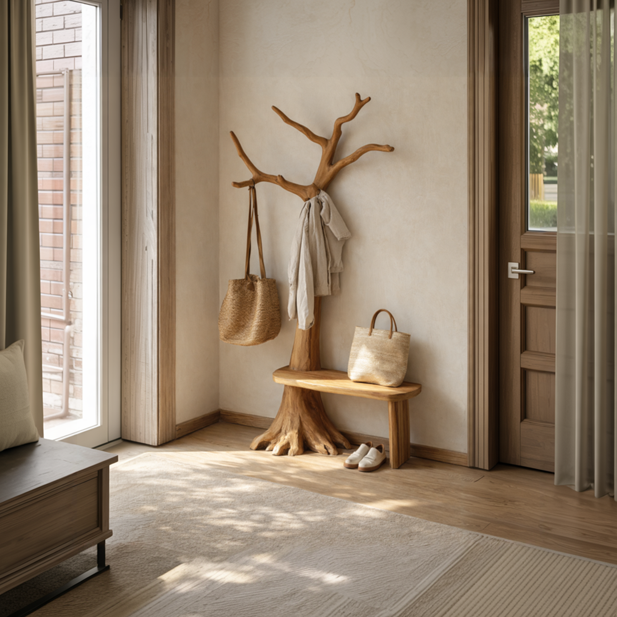 Rustic Artistic Wooden Tree Coat Stand Bench Solid Wood Entryway Interior Signature Furniture SINLKITCR094