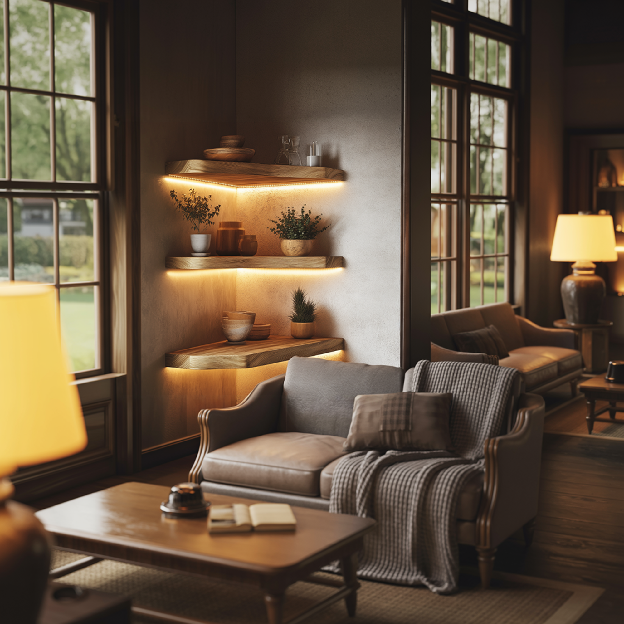 Layered Solid Wood Corner Wall Shelves Warm Minimal Interior Style SINLKIFL394