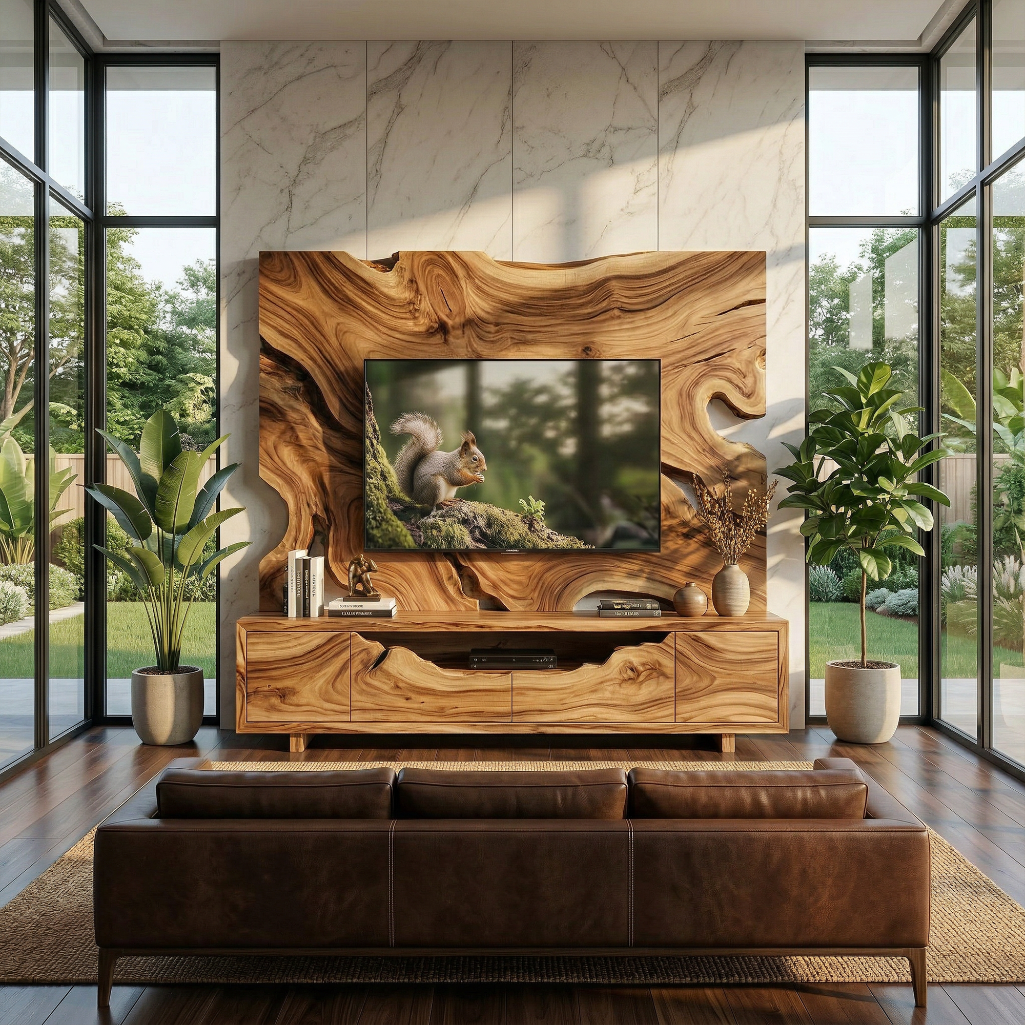 Organic Wood TV Cabinet With Decorative Wall Panel Living Room SINLKISC497