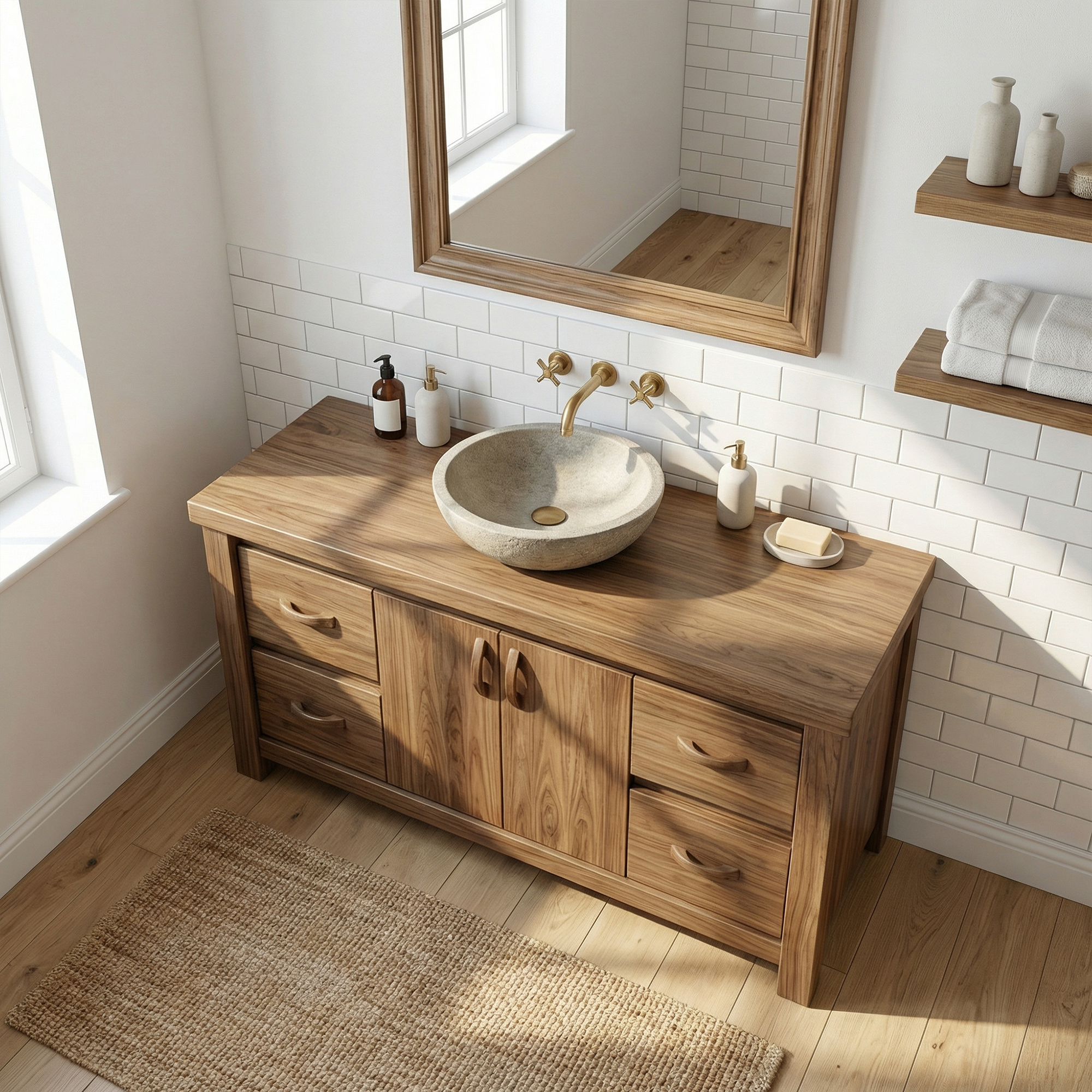 Modern Farmhouse Solid Wood Bathroom Vanity Cabinet Natural Grain Storage SINLKIBRV272