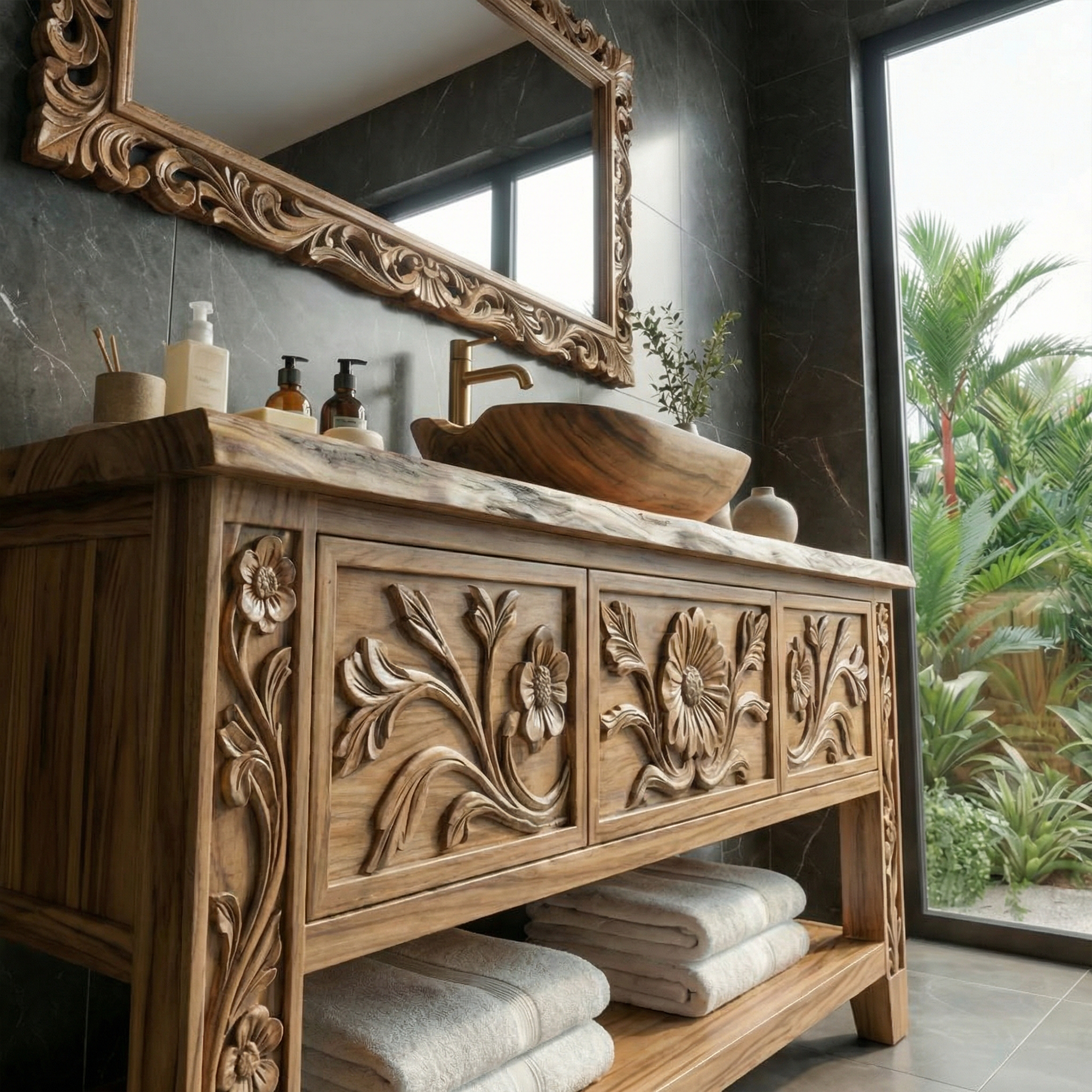 Rustic Hand Carved Solid Wood Bathroom Vanity Decorative Panel Cabinet SINLKIBRV275