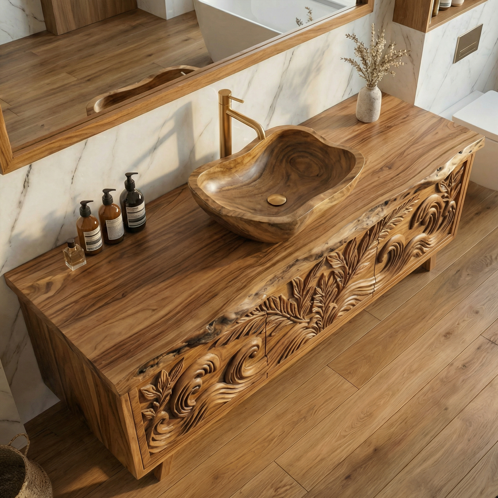 Luxury Tropical Hand Carved Solid Wood Bathroom Vanity Statement Cabinet SINLKIBRV276