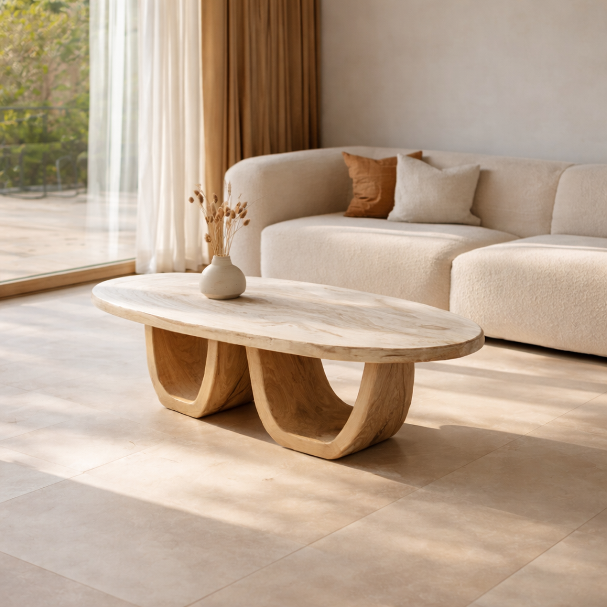 Elegant Oval Solid Wood Coffee Table Sculptural Twin Base Calm Modern Living Room Interior SINLKICF298