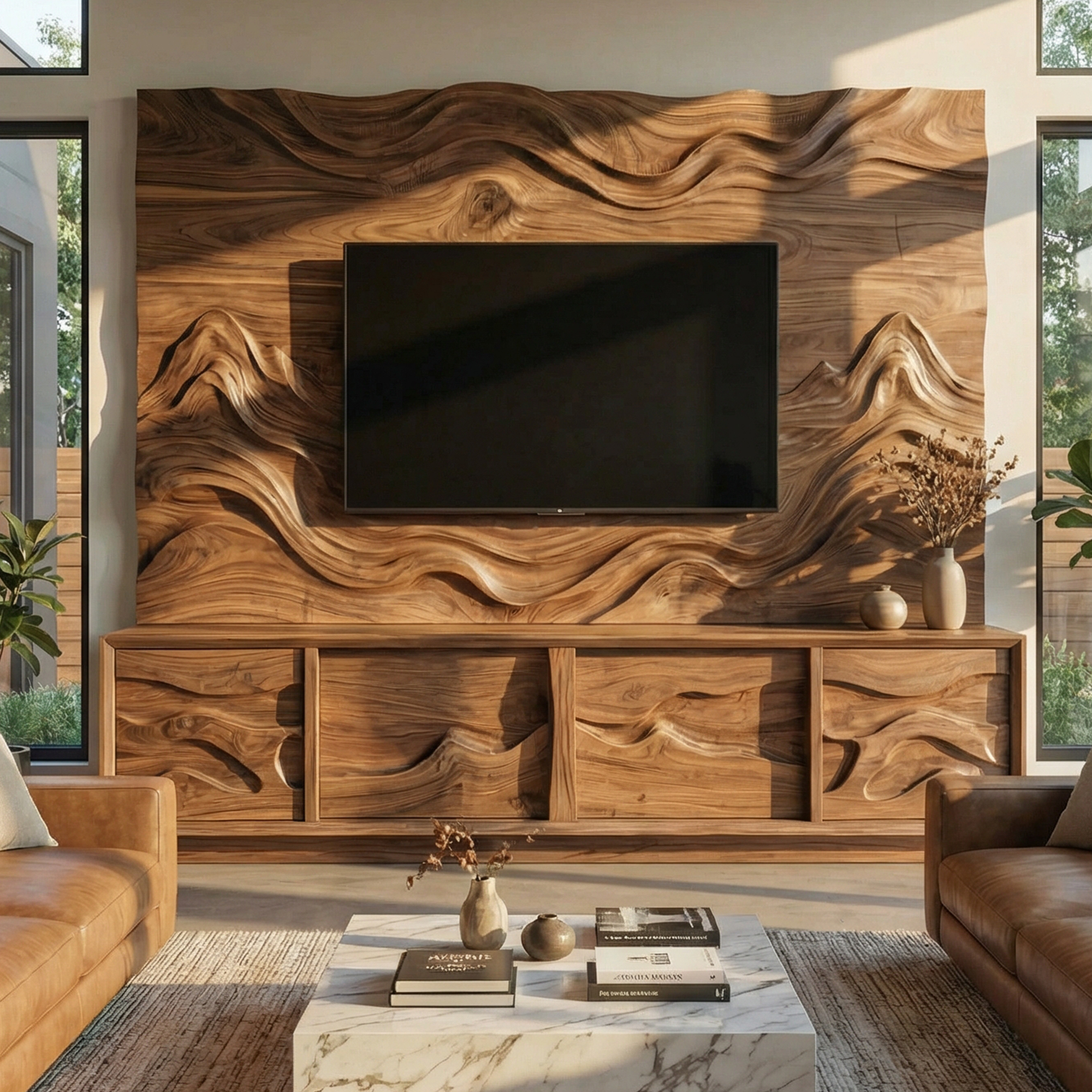 Modern Wood TV Cabinet With Sculptural Feature Wall Living Room SINLKISC498