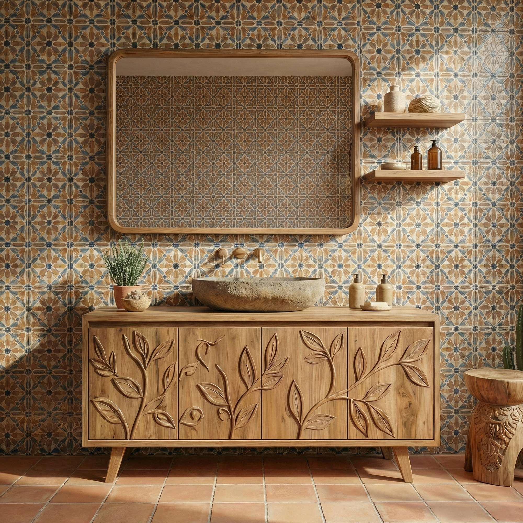 Mediterranean Solid Wood Bathroom Vanity Floral Carved Freestanding Cabinet SINLKIBRV279