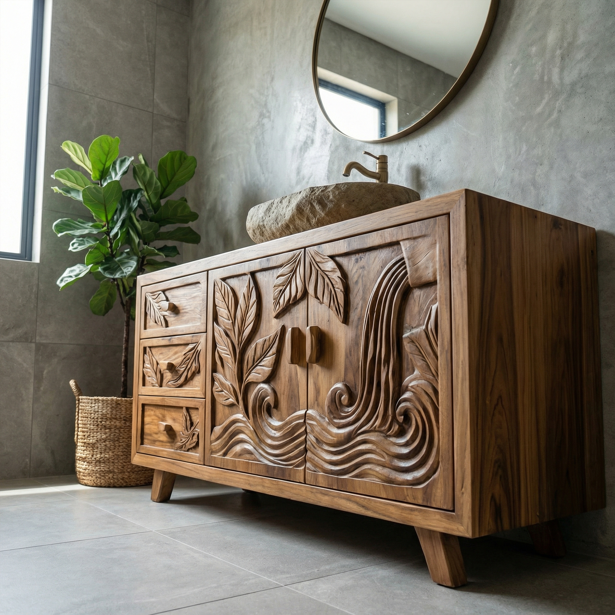 Bohemian Solid Wood Bathroom Vanity Leaf Carved Storage Cabinet SINLKIBRV280