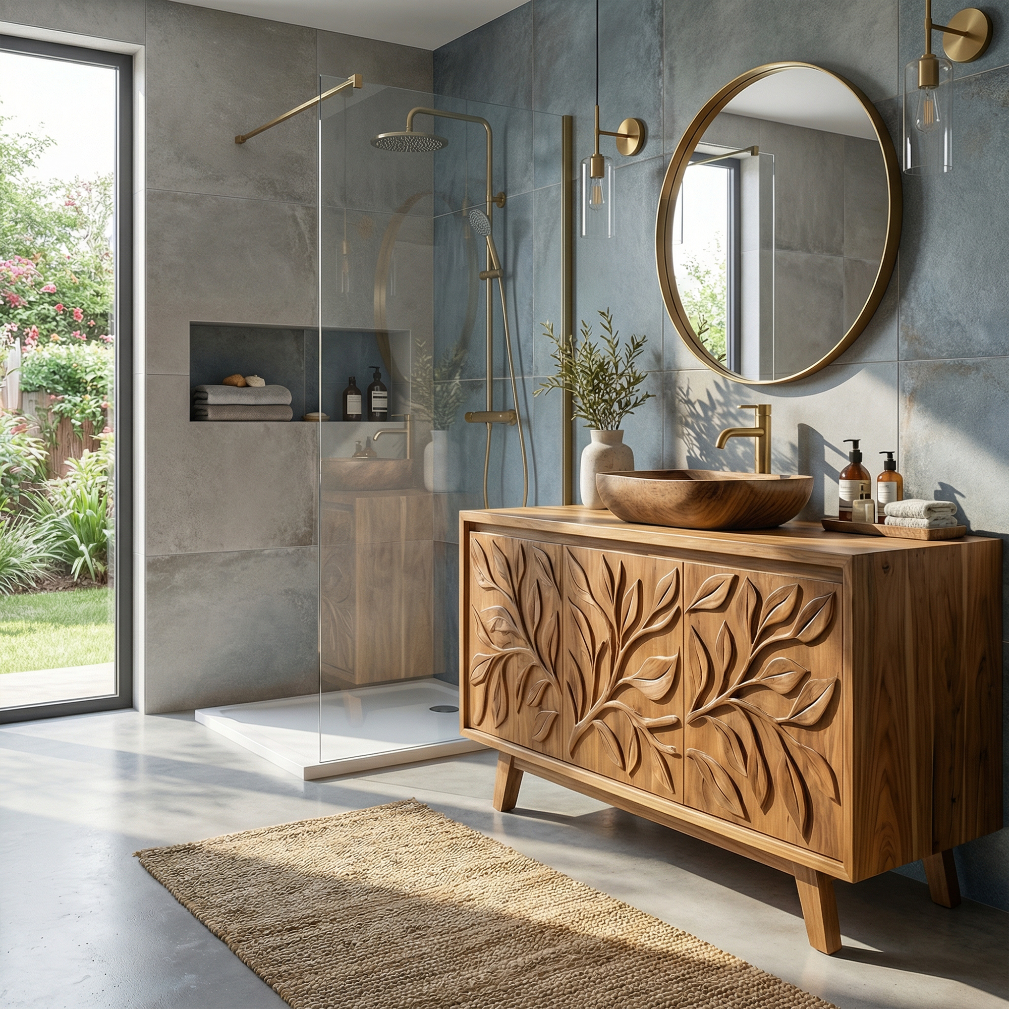 Scandinavian Leaf Carved Solid Wood Bathroom Vanity Minimal Storage Cabinet SINLKIBRV284