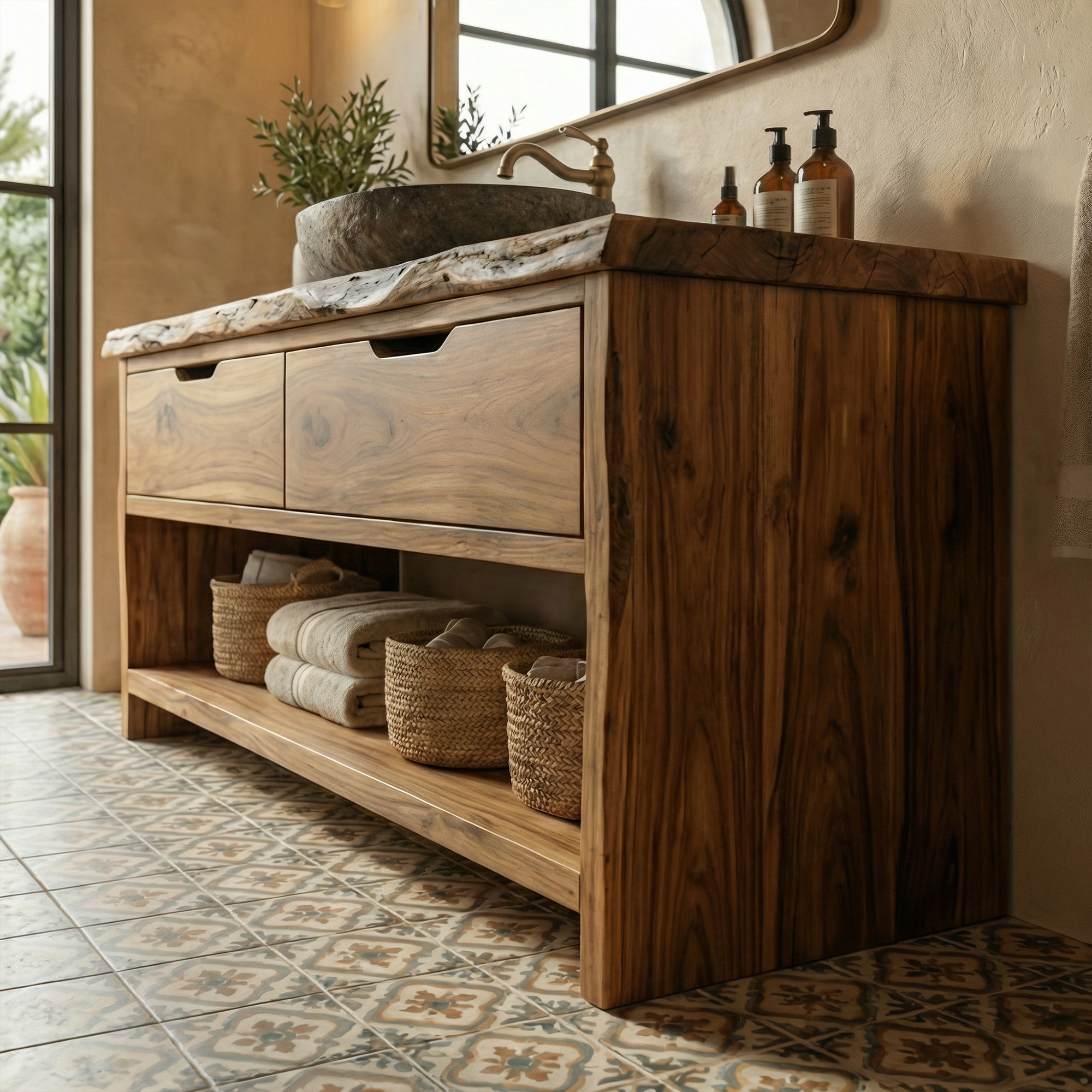 Industrial Solid Wood Bathroom Vanity Open Shelf Freestanding Cabinet SINLKIBRV286