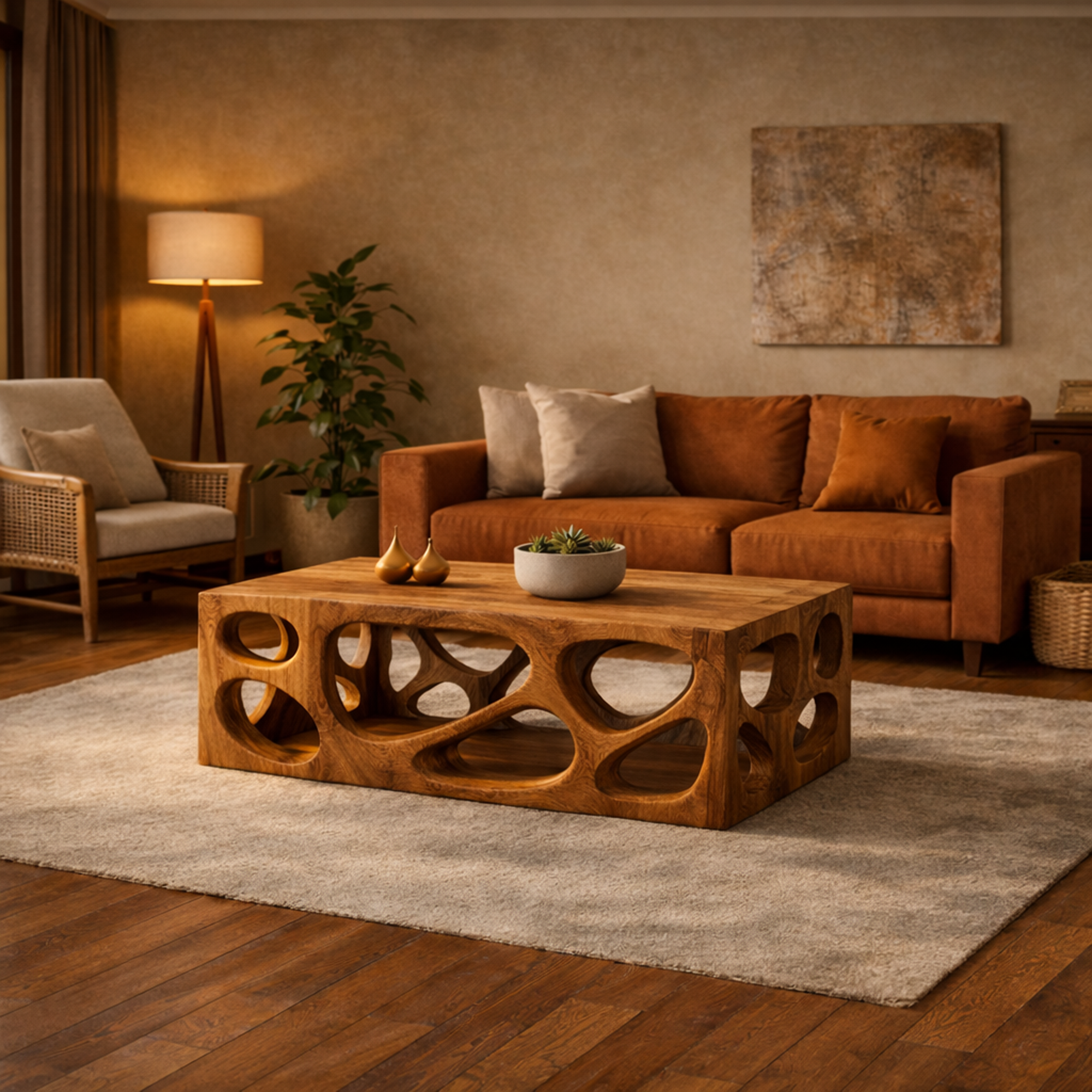 Architectural Carved Solid Wood Coffee Table Organic Void Design Statement Living Room Interior SINLKICF297
