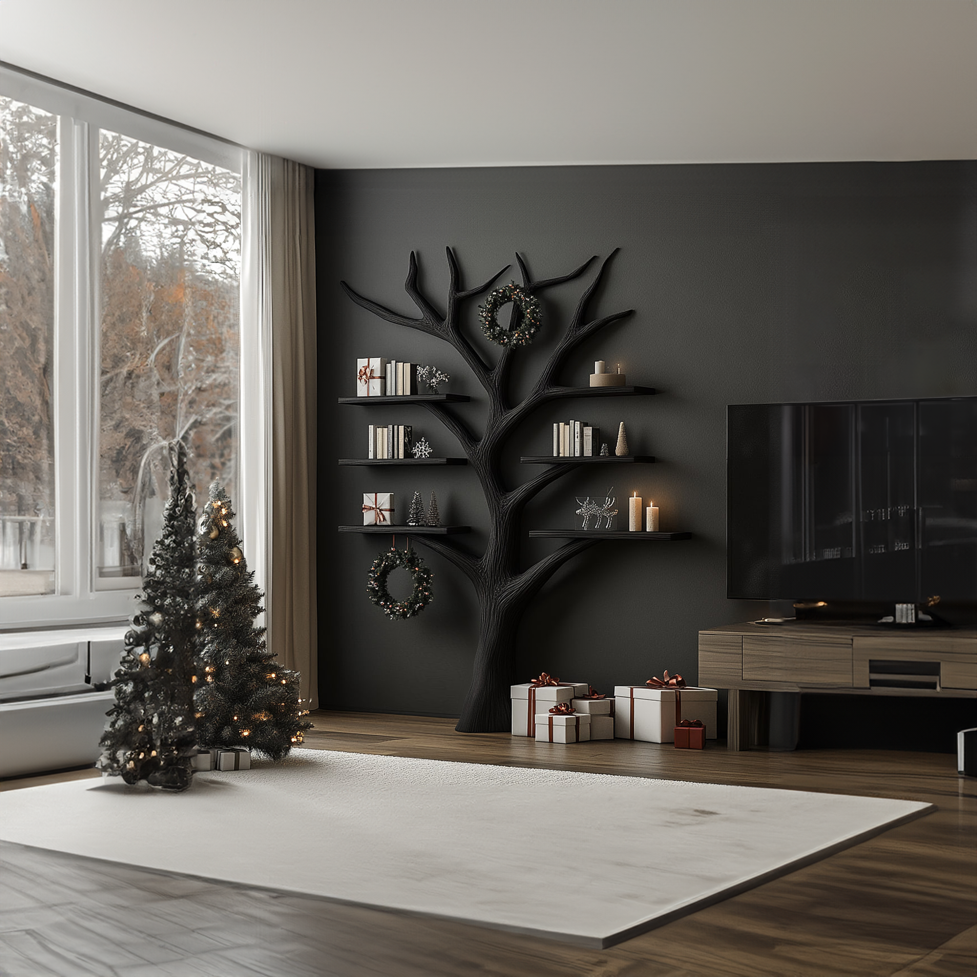 Rustic Tree Bookshelf Living Room Christmas Holiday Wall Decor SINLKITB490