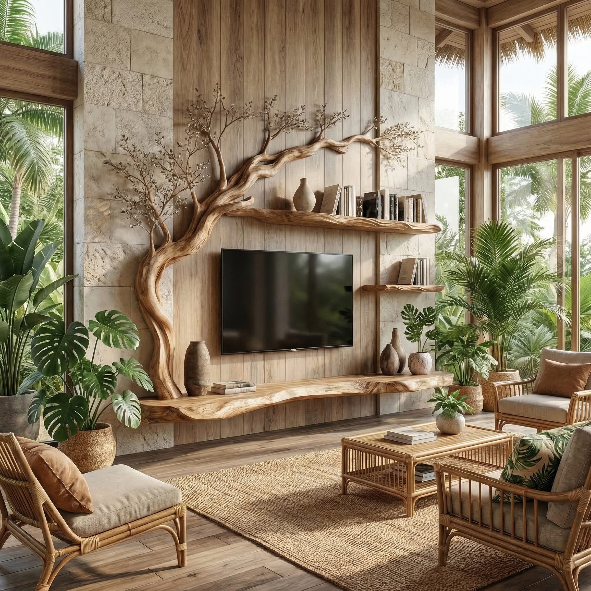 Rustic Tree TV Wall Shelf For Living Room And Lounge SINLKITS001