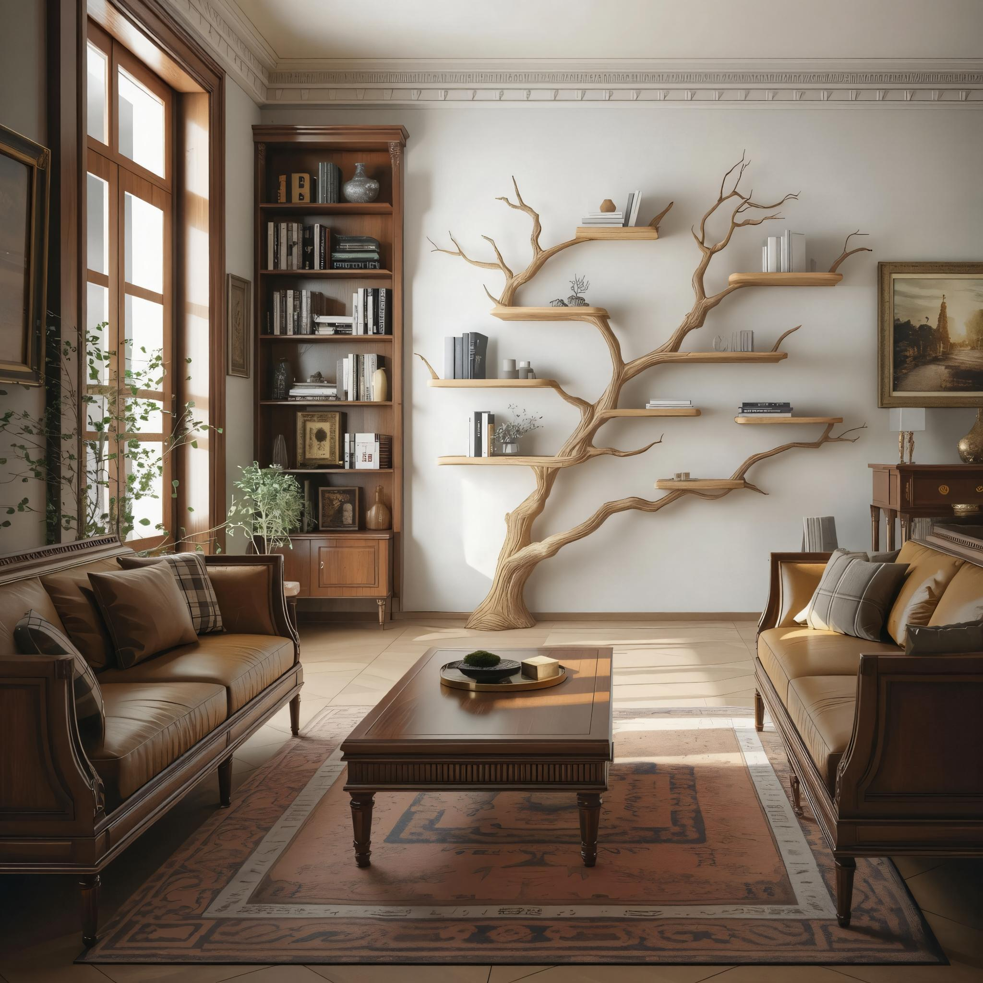 Rustic Handcrafted Tree Wall Bookshelf Living Room Interior Feature Furniture SINLKITB618