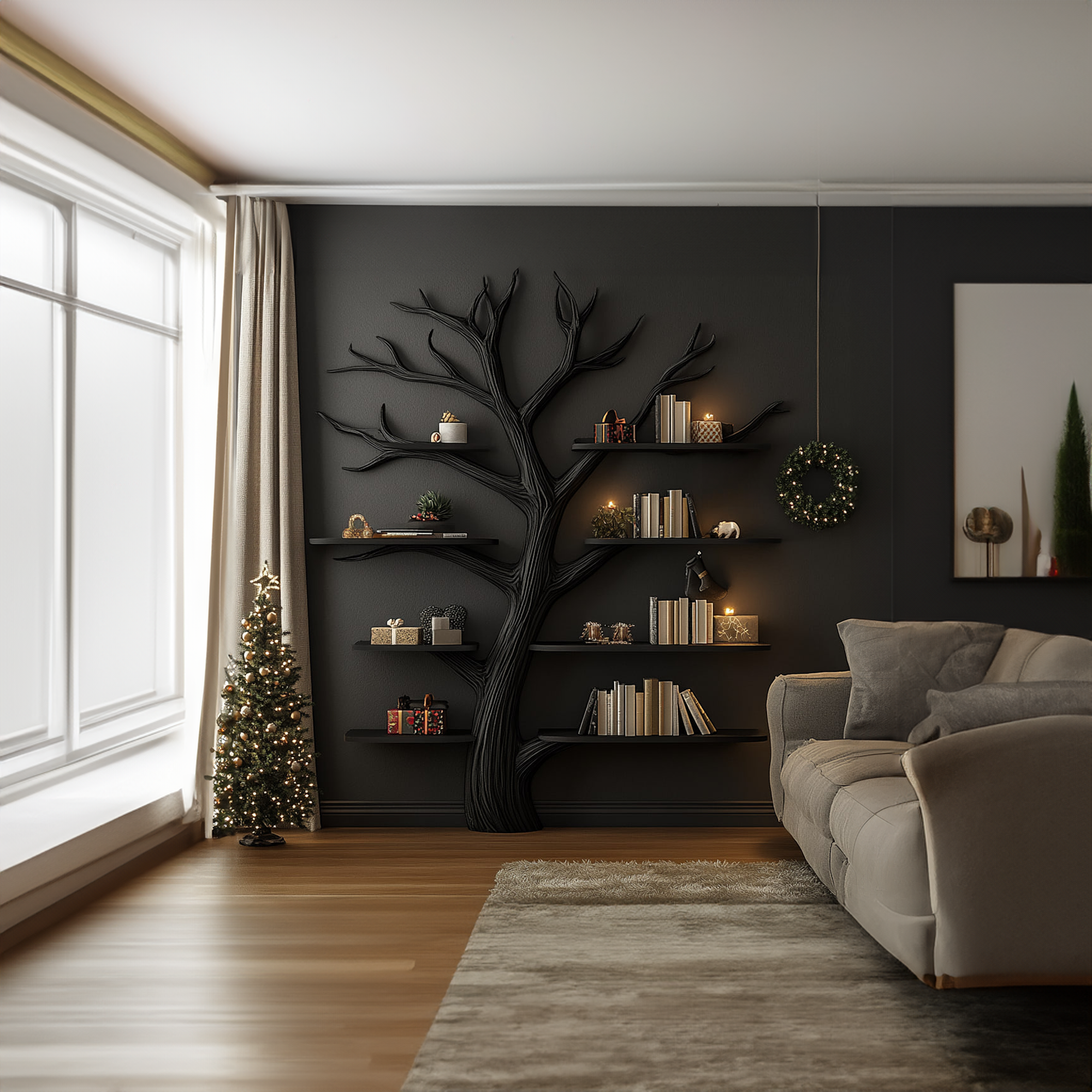 Rustic Tree Wall Bookshelf Living Room Christmas Halloween Modern Style SINLKITB489