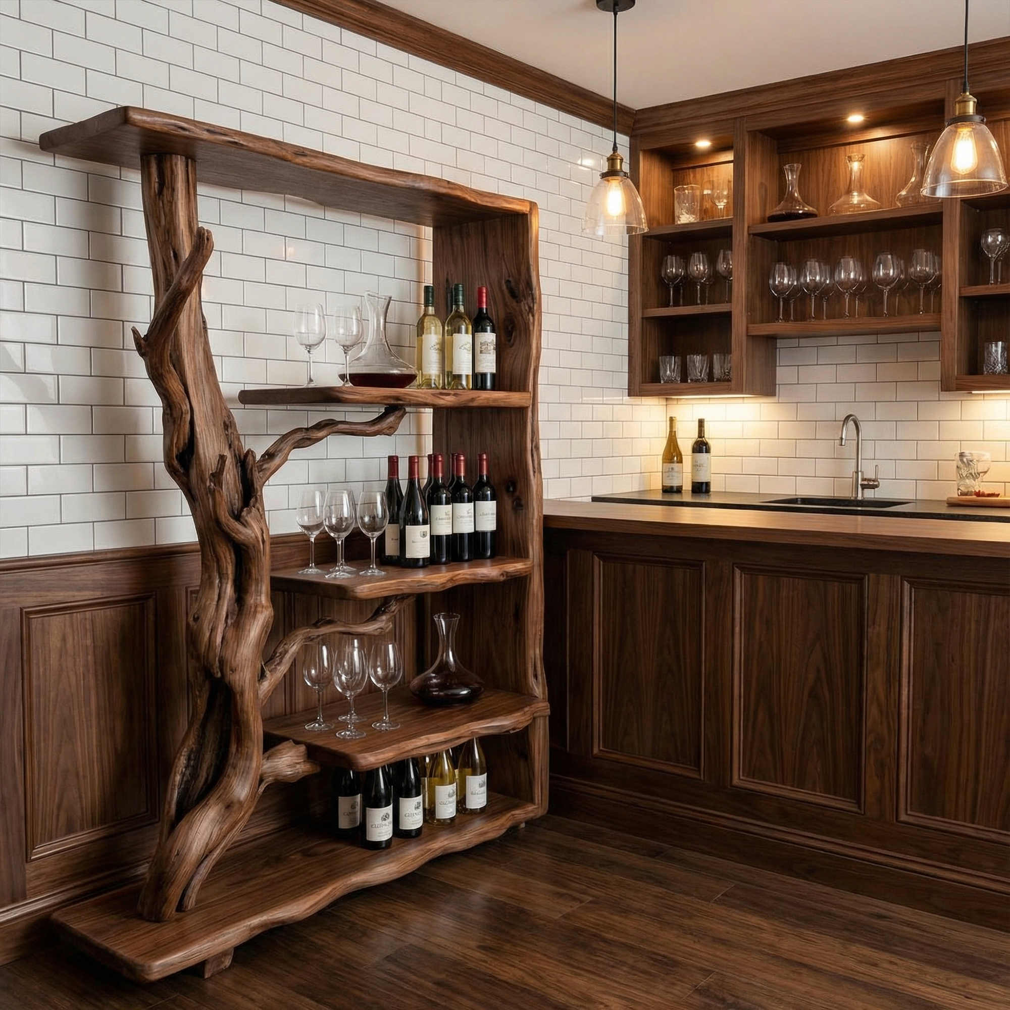 Organic Tree Branch Wine Rack Wooden Wall Shelf For Kitchen Dining Room Home Bar SINLKIWR005