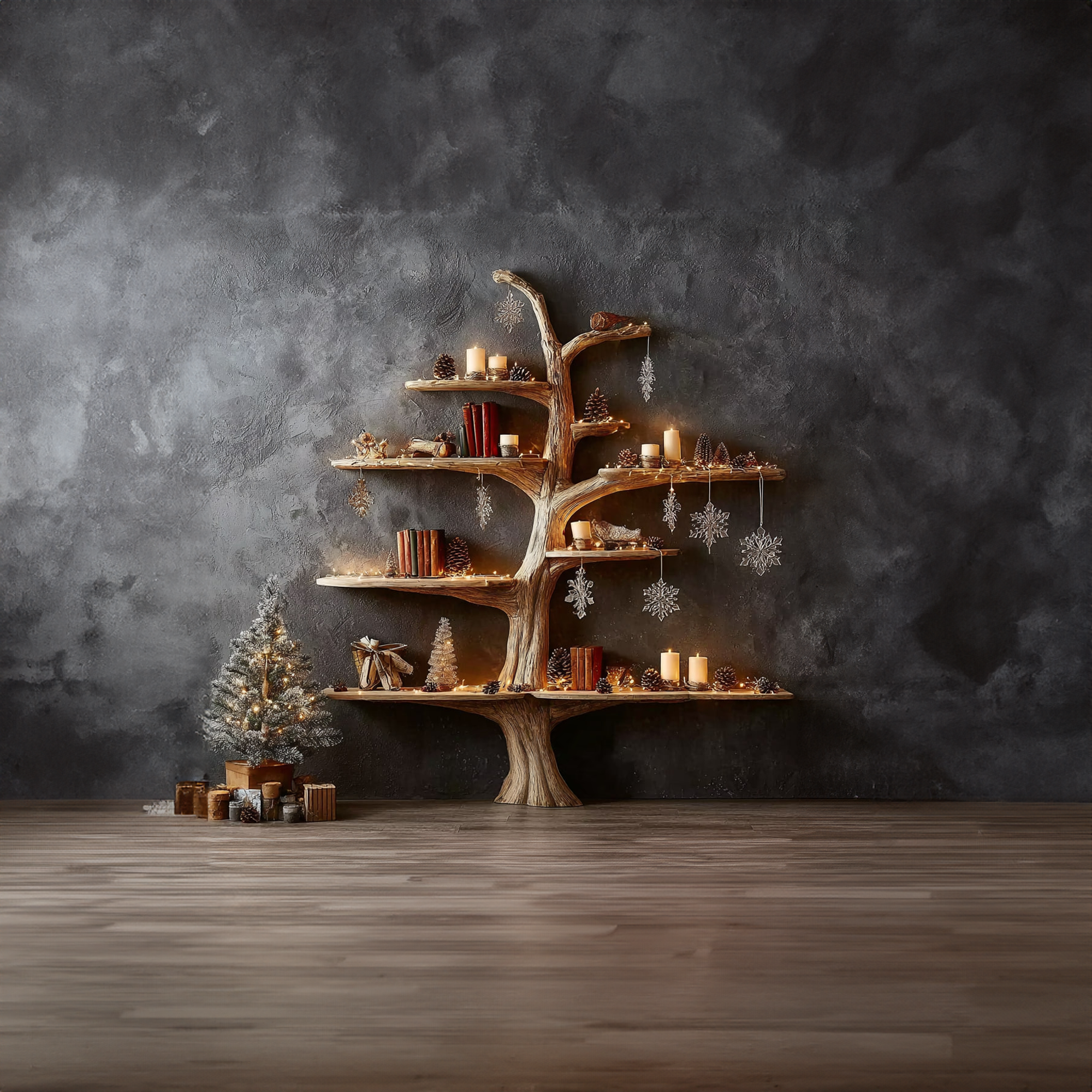 Rustic Tree Bookshelf Winter Living Room SINLKITB276