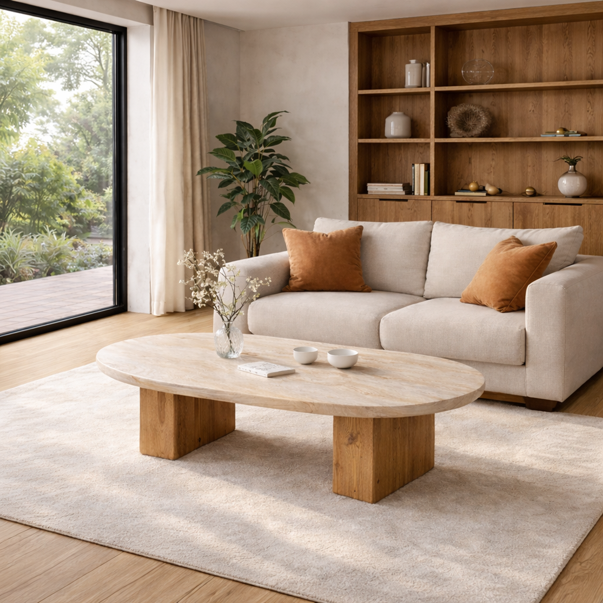 Light Oak Oval Solid Wood Coffee Table Minimalist Balance Contemporary Living Room Interior SINLKICF296