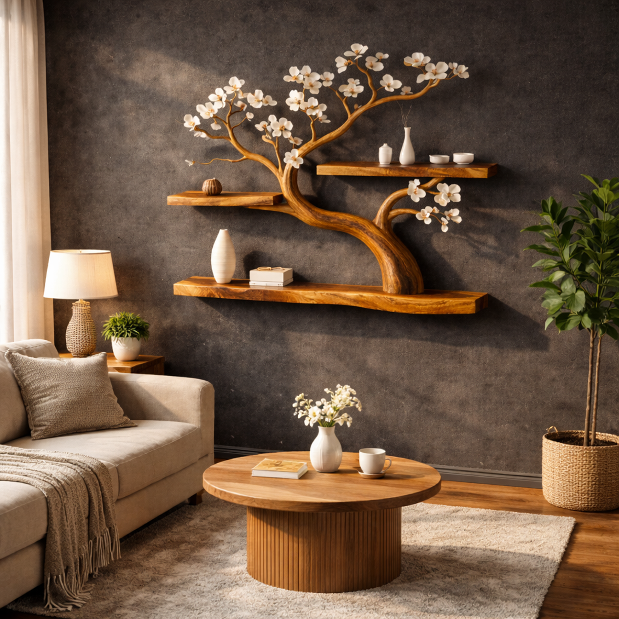 Rustic Tree Shelf Wall Decor Handmade For Entryway SINLKIFL254
