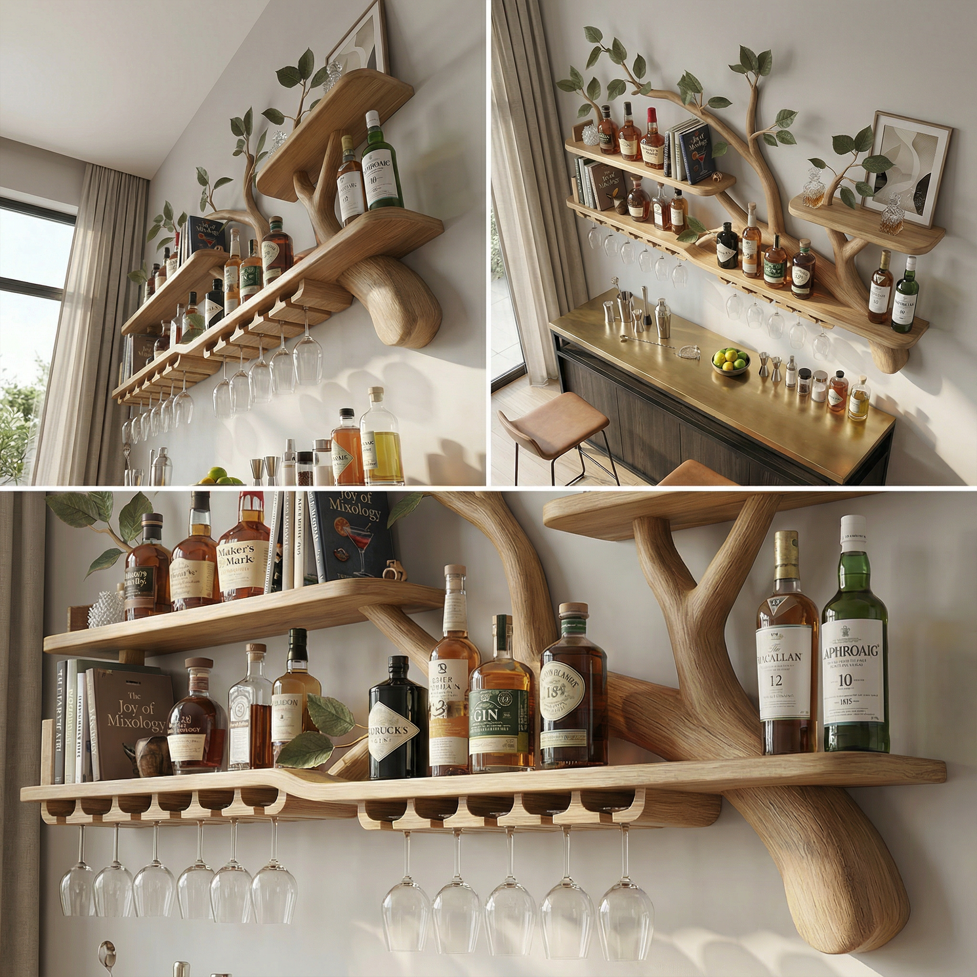 Organic Tree Branch Wine Rack Wooden Wall Mounted Shelf For Kitchen Dining Room Home Bar SINLKIWR019