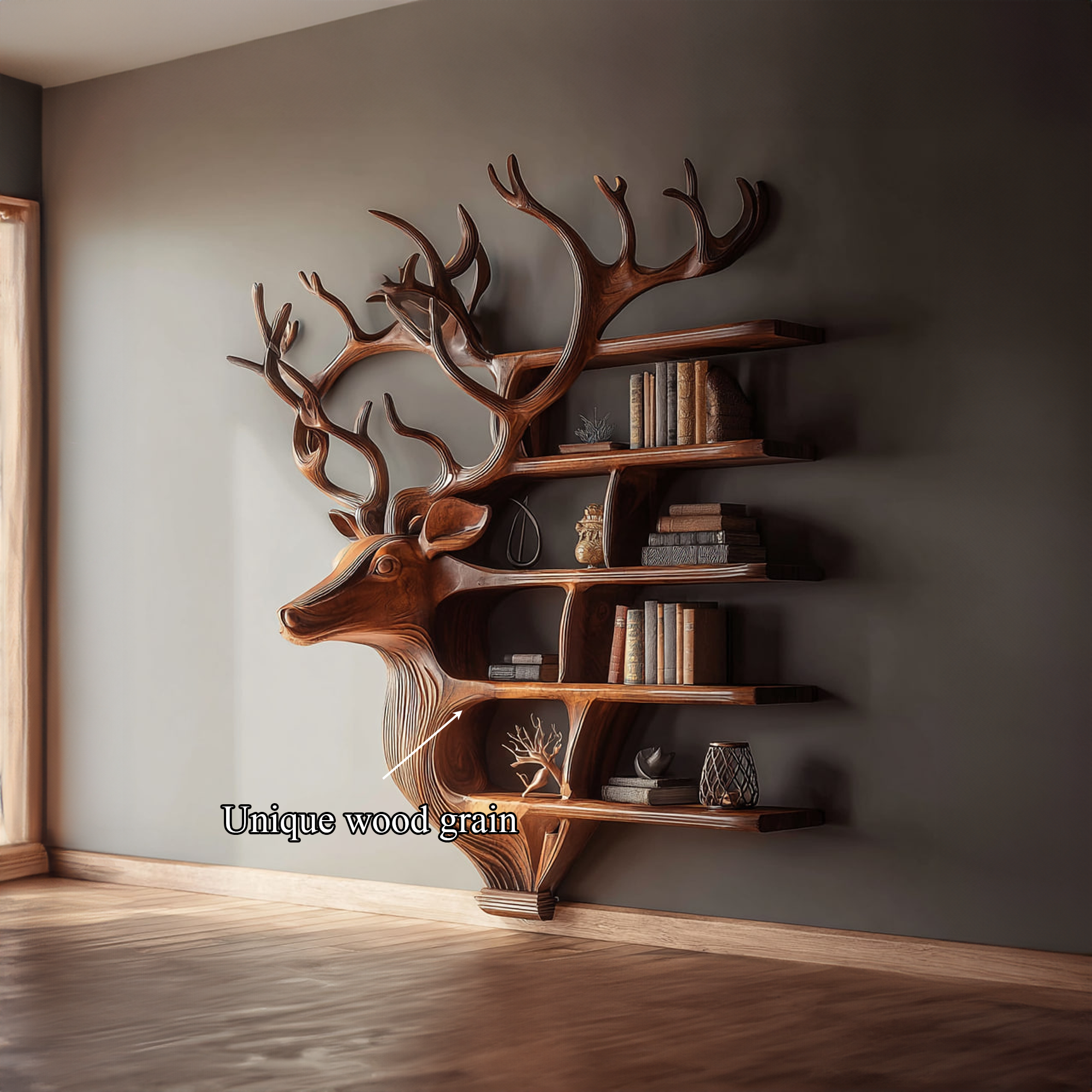 Rustic Deer Bookshelf Wall Mounted Living Room Display SINLKISC128